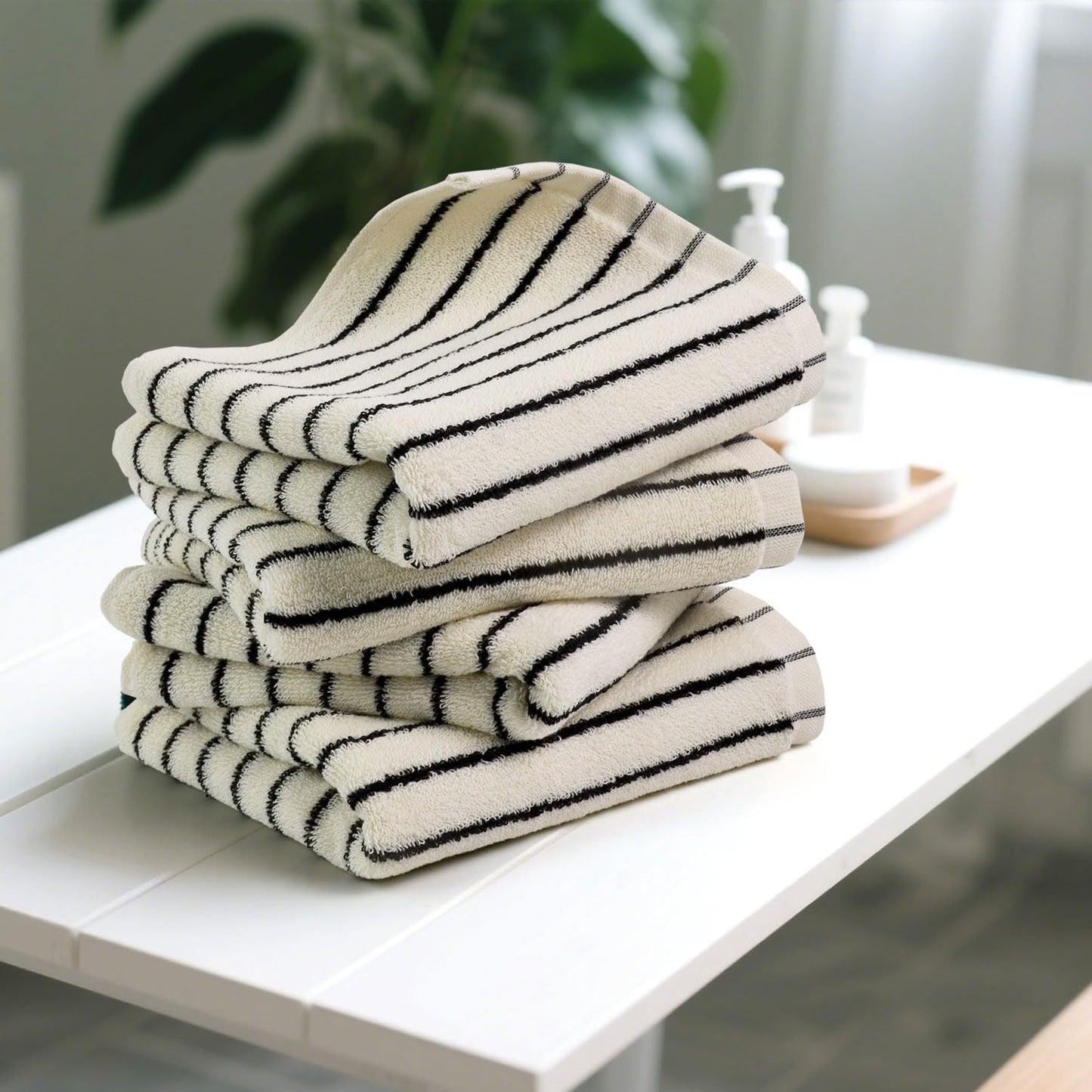 Jacquotha Hand Towels 4 Pack, Cotton Face Towels for Bathroom & Spa Days, Decorative Black Stripes for Kitchen Decor, 14” x 29”