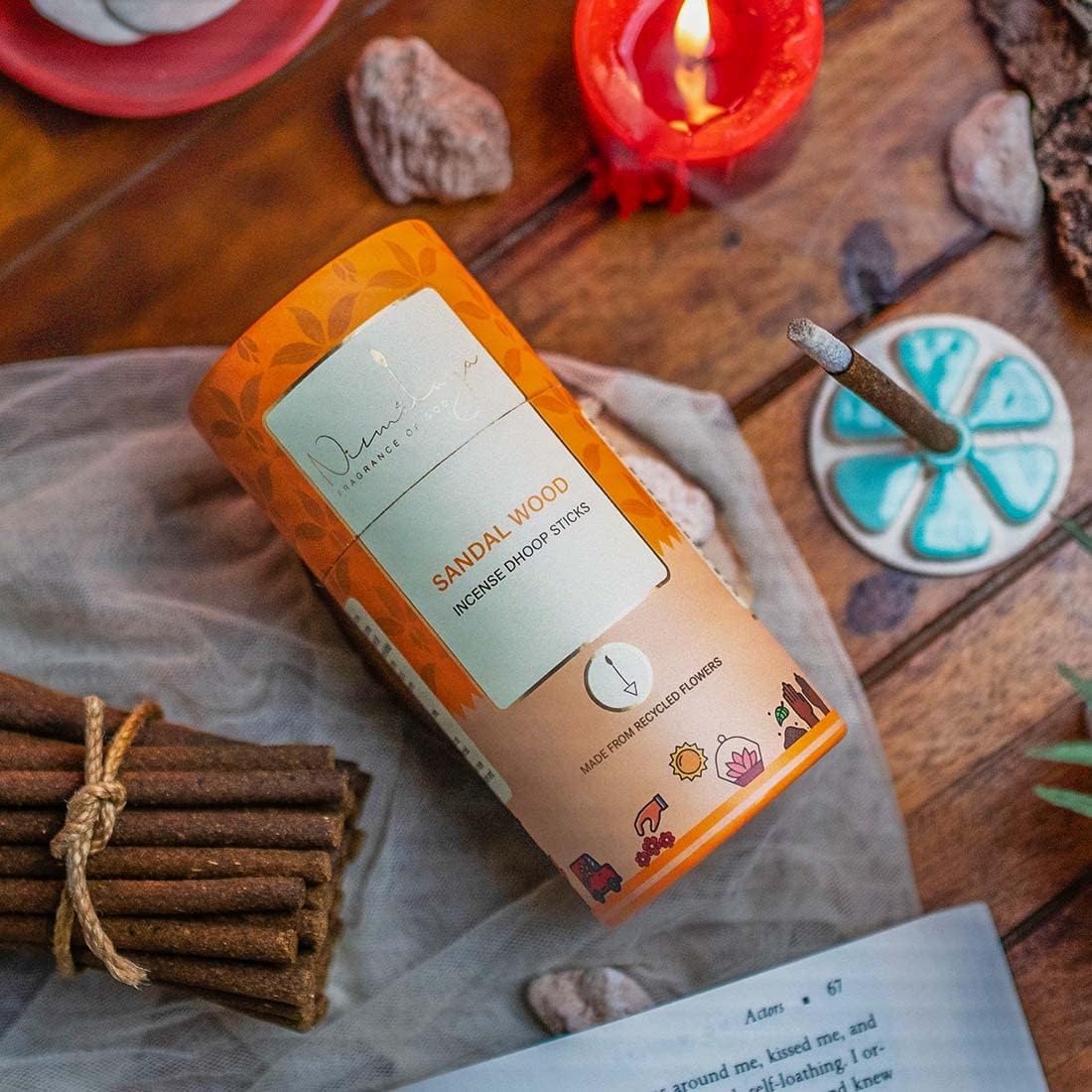 Nirmalaya Premium Sandalwood Dhoop Sticks (40 Sticks, 180g) | Bambooless Sticks, Charcoal Free Incense Sticks Made from Recycled Flowers | Long Lasting 25 Min Burn | for Pooja, Yoga & Meditation