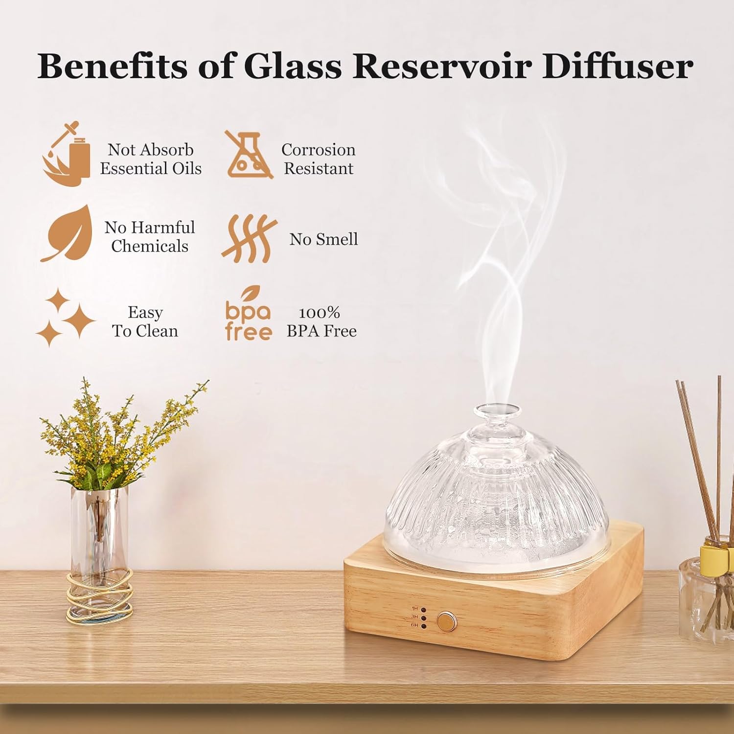 Lecdura Glass Essential Oil Diffuser with Glass Reservoir & WoodBase, 200ml Ultrasonic Lock Color Timer Auto-Off 7 Color Light Aroma Glass Dome Diffuser for Home Office Bedroom Yoga