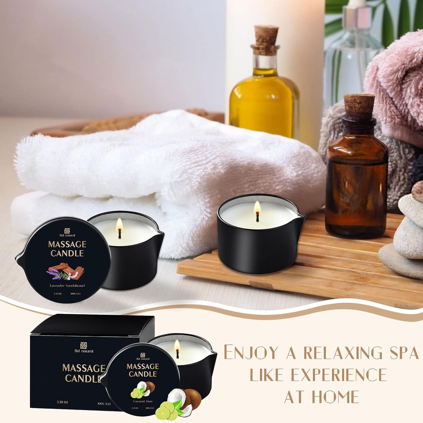 3 Pack Massage Oil Candles 2.35oz Low Temp Massage Candles 3 Scent Spa Therapy Body Oil Home Gift for Relaxation, Couples, or Self-Care (2.35 oz, Vanilla Amber, Lavender Sandalwood, Coconut Lime)