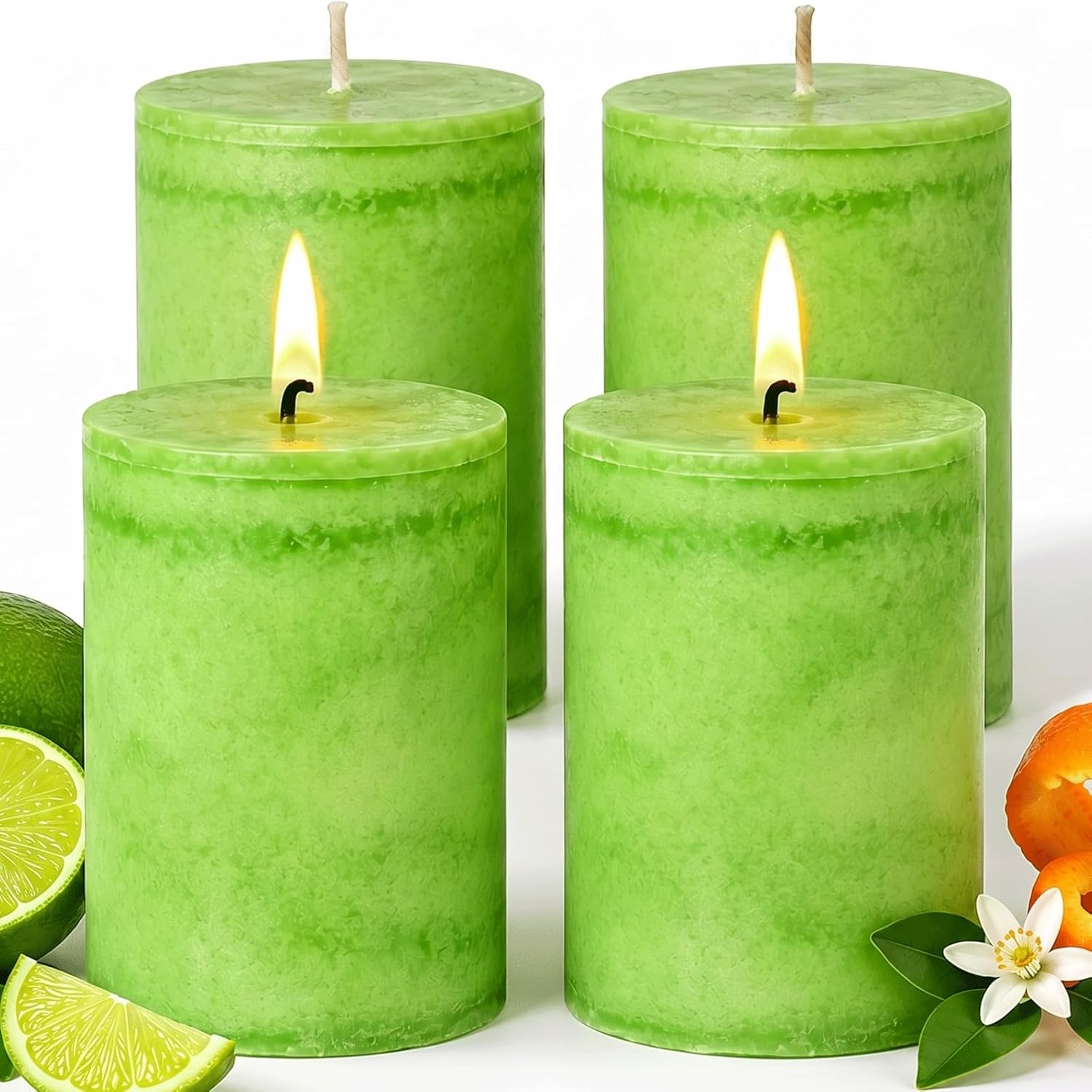 4 Pack Candied Citrus Scented Pillar Candles,Natural Essential Oils,60H Long Burning,Non-Toxic Smokeless Candles for Home Decor,Aromatherapy to Stress & Anxiety Relief,Daily Relaxation(2.8x4in)