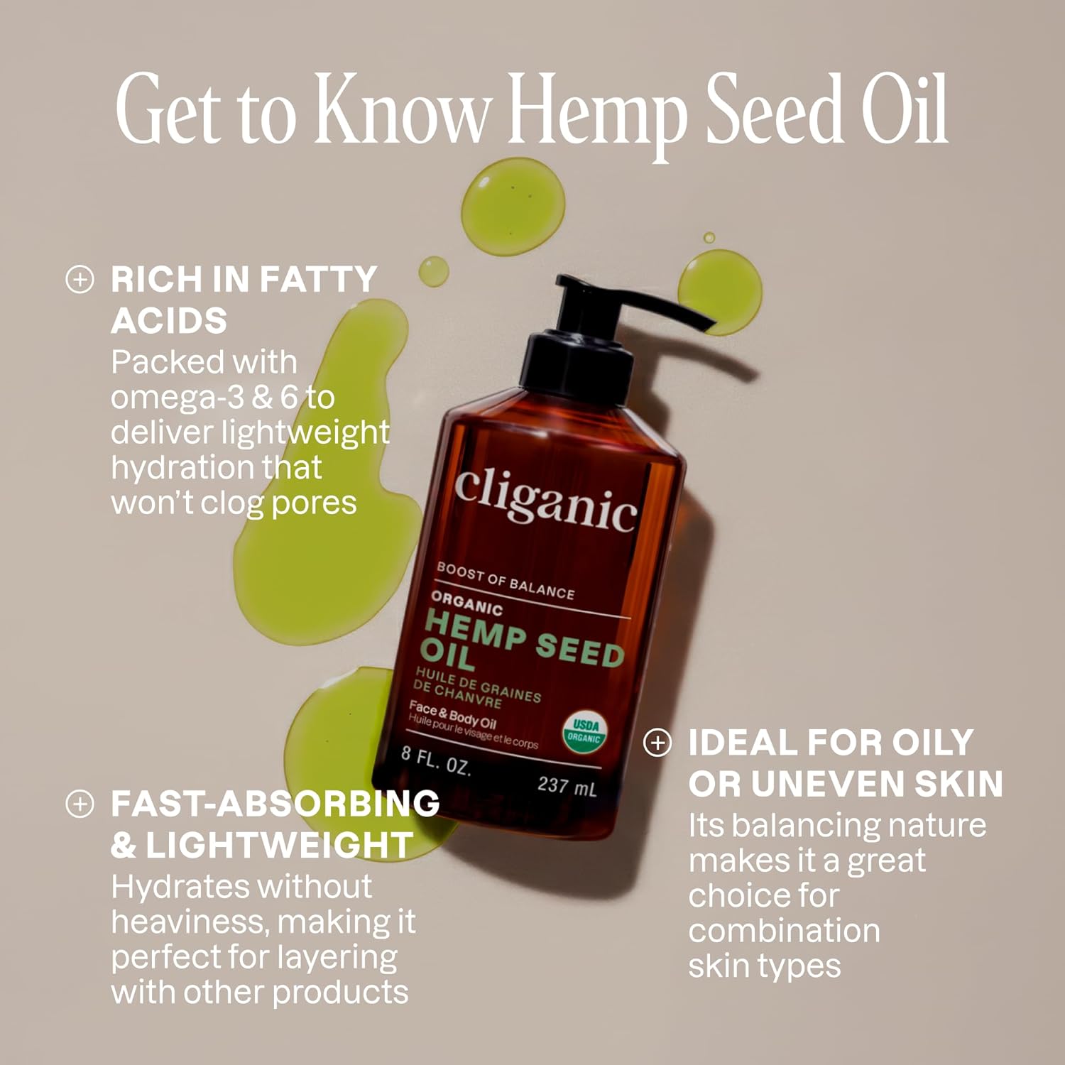 Cliganic Organic Hemp Seed Oil For Skin, Face & Hair - 100% Pure Cold Pressed Natural Unrefined