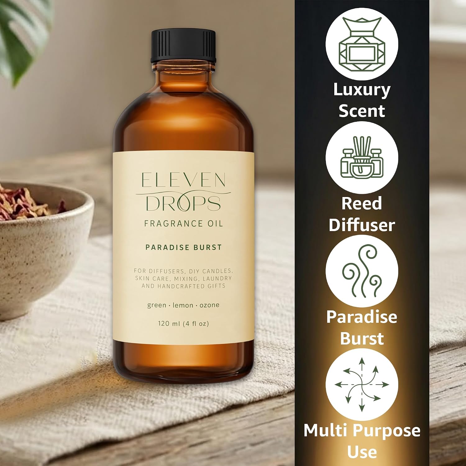 Paradise Burst Fragrance Oil | Green, Lemon & Ozone Notes | Long Lasting Scent Reed Diffuser Oil for Home, Office, Hotel, Spa, Car & Linen Spray | Pet Friendly IFRA Compliant, 4 oz