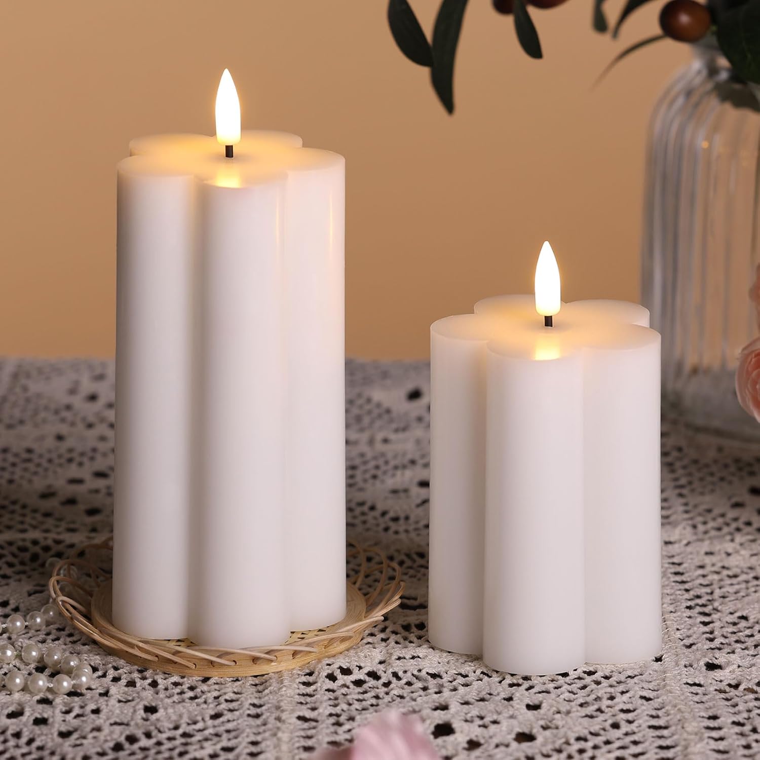 White Flameless Pillar Candles with Remote, Flickering LED Wax Candles Battery Operated Aesthetic Home Decor Set of 2