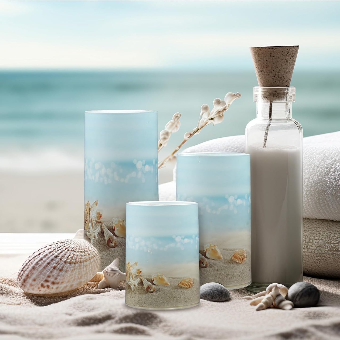 Tujoe 3 Pcs Summer Starfish Flameless Candles LED Battery Pillar Candles Set Battery Operated Flickering Candles Gifts with Remote Summer Decor for Holiday