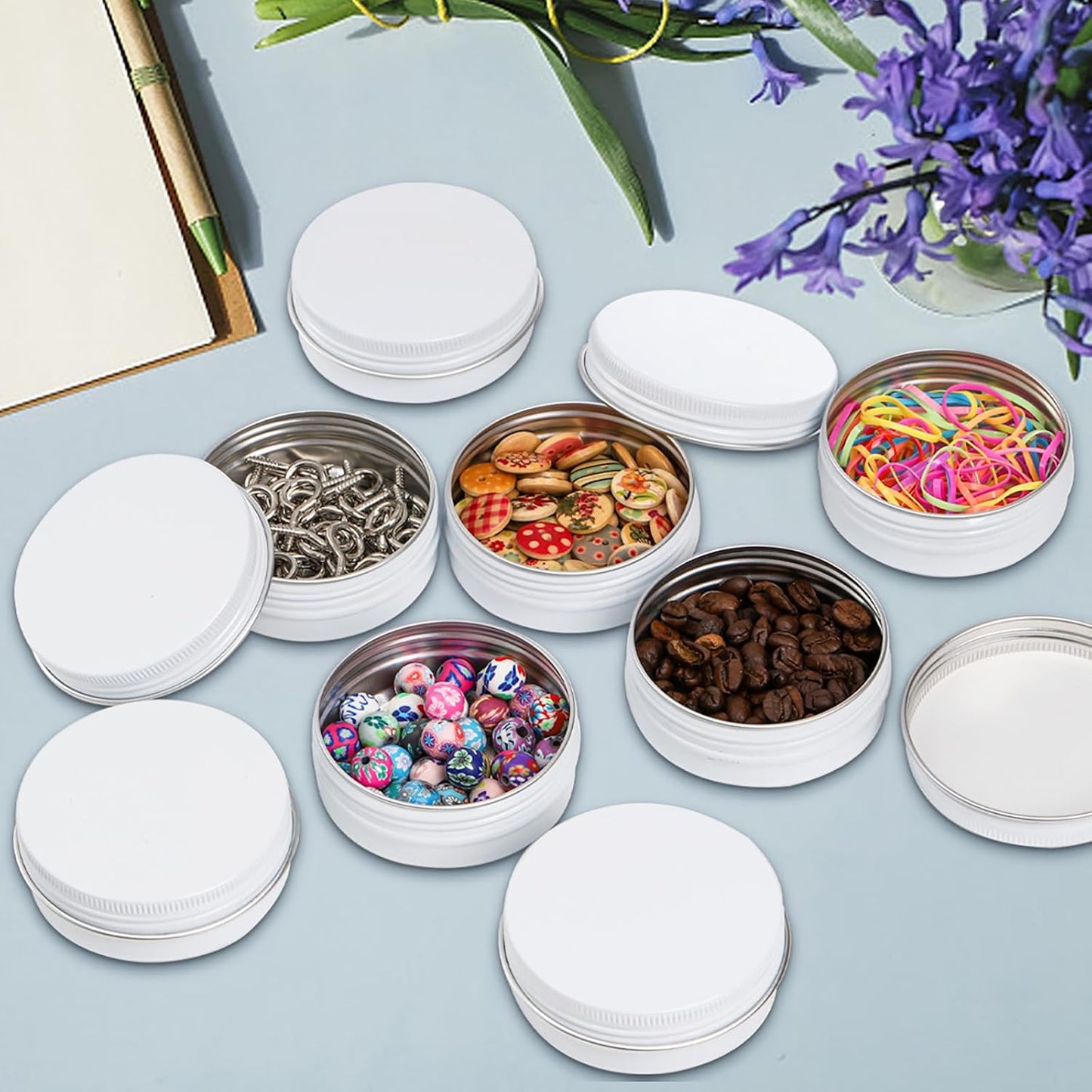 Foraineam 48 Pack 2 oz White Lip Balm Tin Cans, Aluminum Round Cosmetic Sample Containers with Screw Lid, Storage Travel Tin Jars Metal Empty Tins for Salve, Cream, Spices or Candles