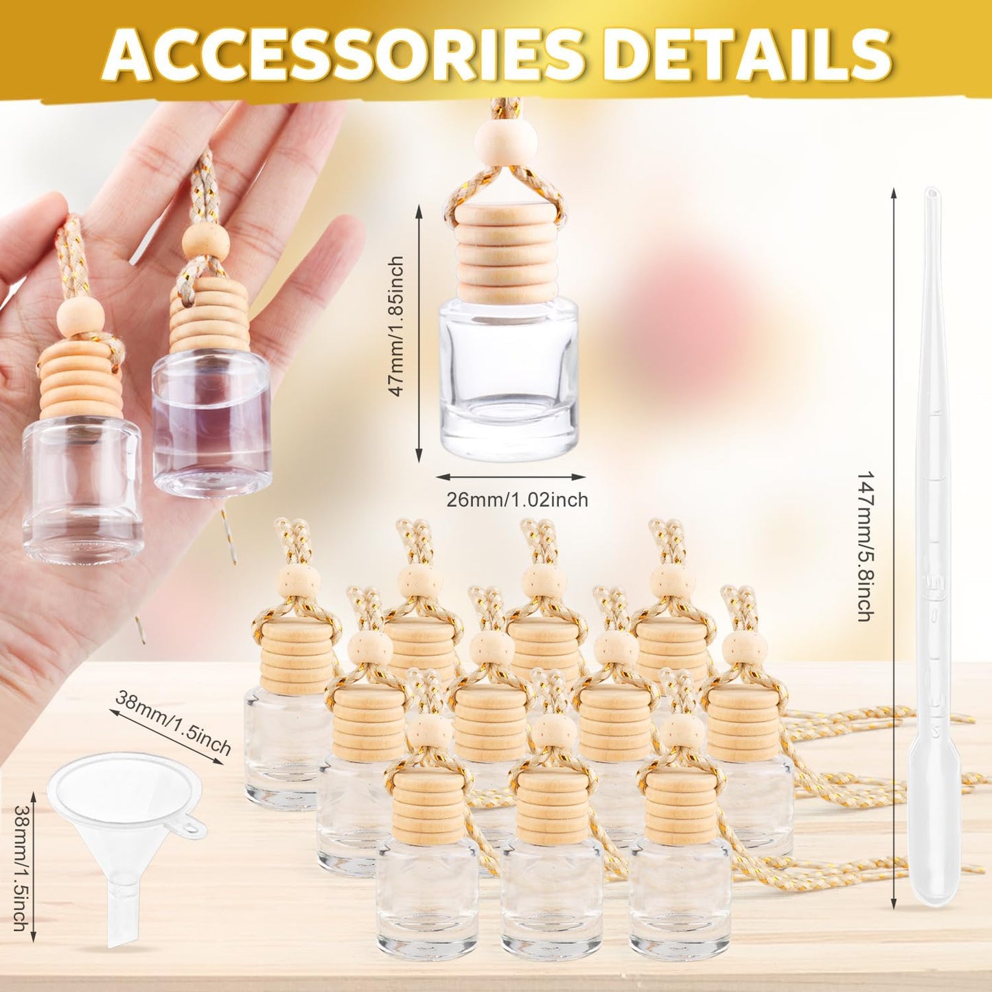 100 Pcs 8ml Hanging Car Air Freshener,Empty Clear Glass Essential Oil Diffuser Perfume Aromatherapy Pendant Bottle Vials Ornament Decor with Wooden Caps & Hanging String-Cylindrical Shape