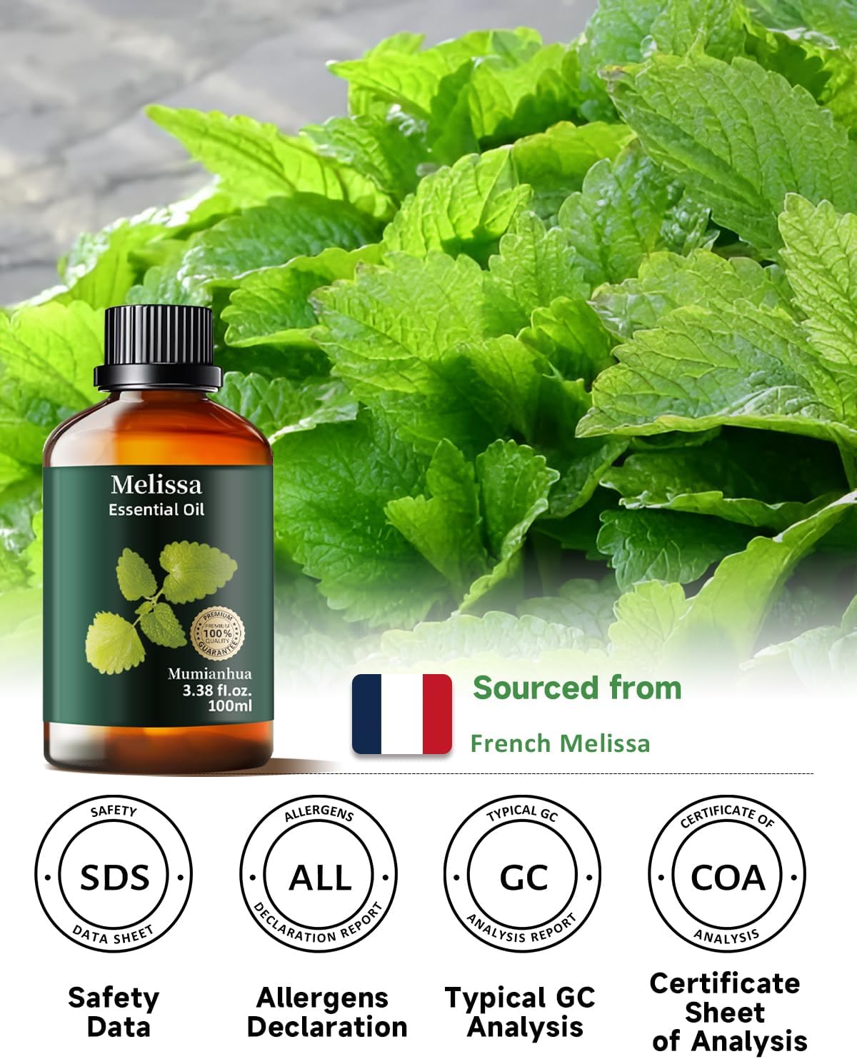 Melissa Essential Oil, Pure Melissa Oil Mumianhua Lemon Balm Oil, Uplifting Citrus-Herb Scent for Diffuser, Skin, Hair & Personal Care, 3.38 Fl Oz