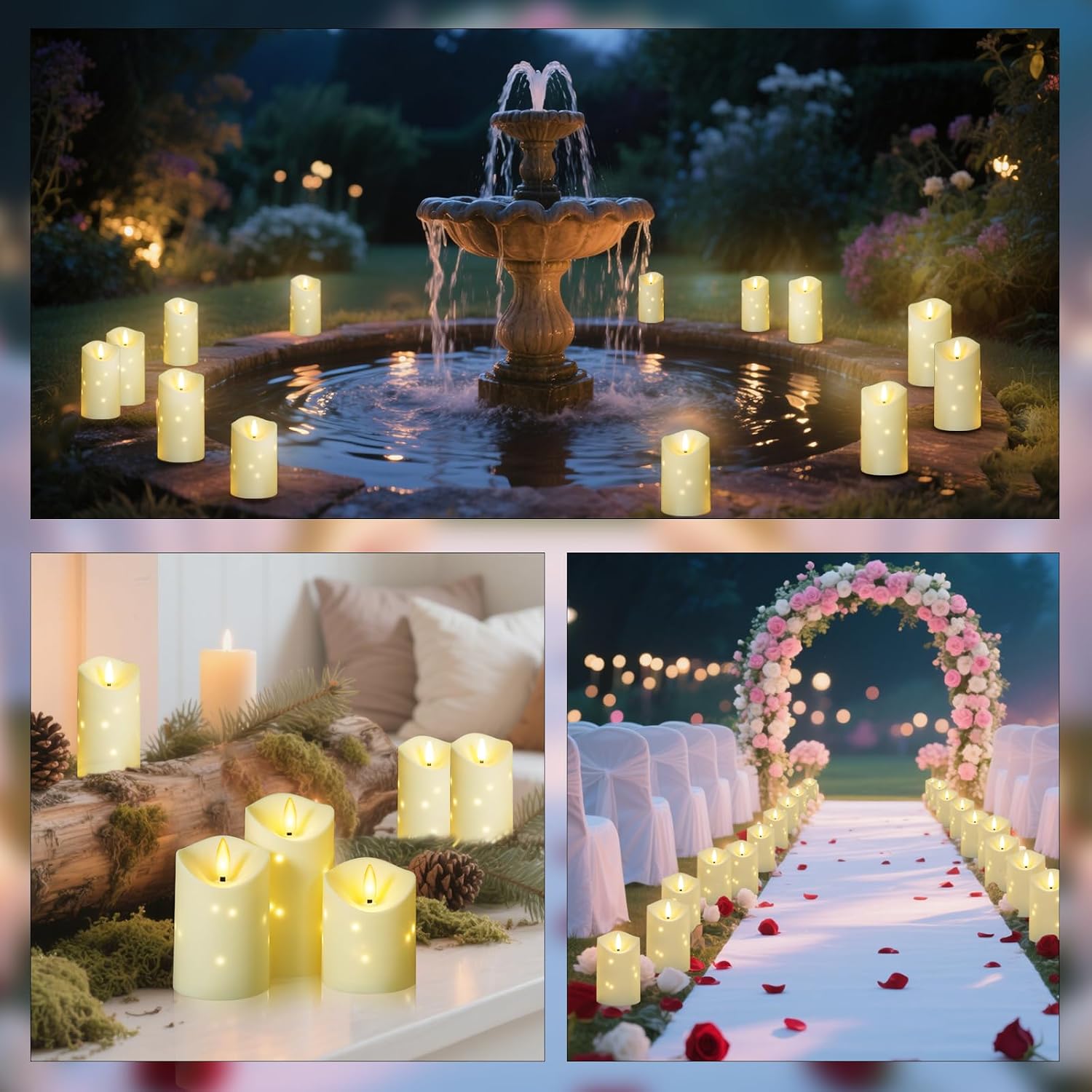kakoya Outdoor Waterproof Flickering Flameless Candles with Embedded Star String,3Pcs LED Pillar Candles Battery Operated with Remote and Timers for Courtyard,Porch,Camping,Holiday Decoration(Ivory)