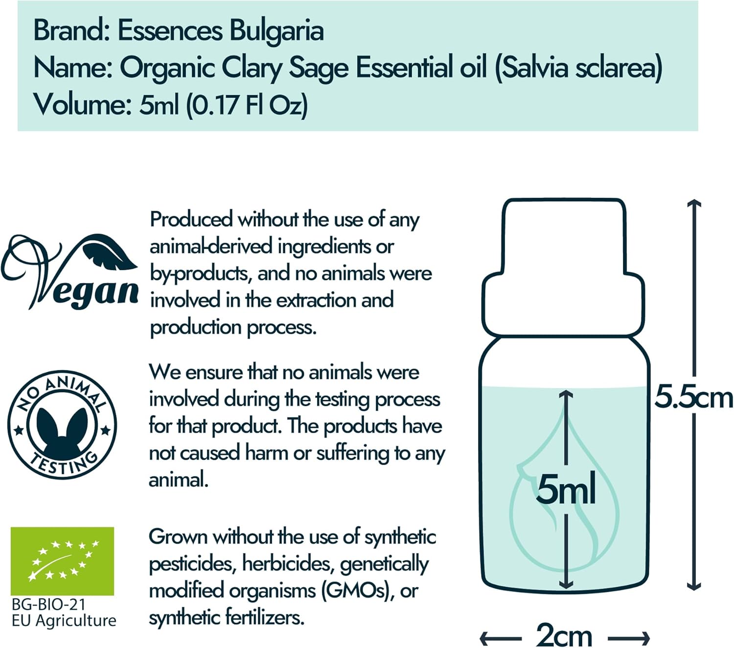 Essences Bulgaria Organic Clary Sage Essential Oil 1/6 Fl Oz | 5ml | Salvia sclarea | 100% Pure and Natural | Undiluted | Therapeutic Grade | Family Owned Farm | Steam-Distilled | Non-GMO | Vegan