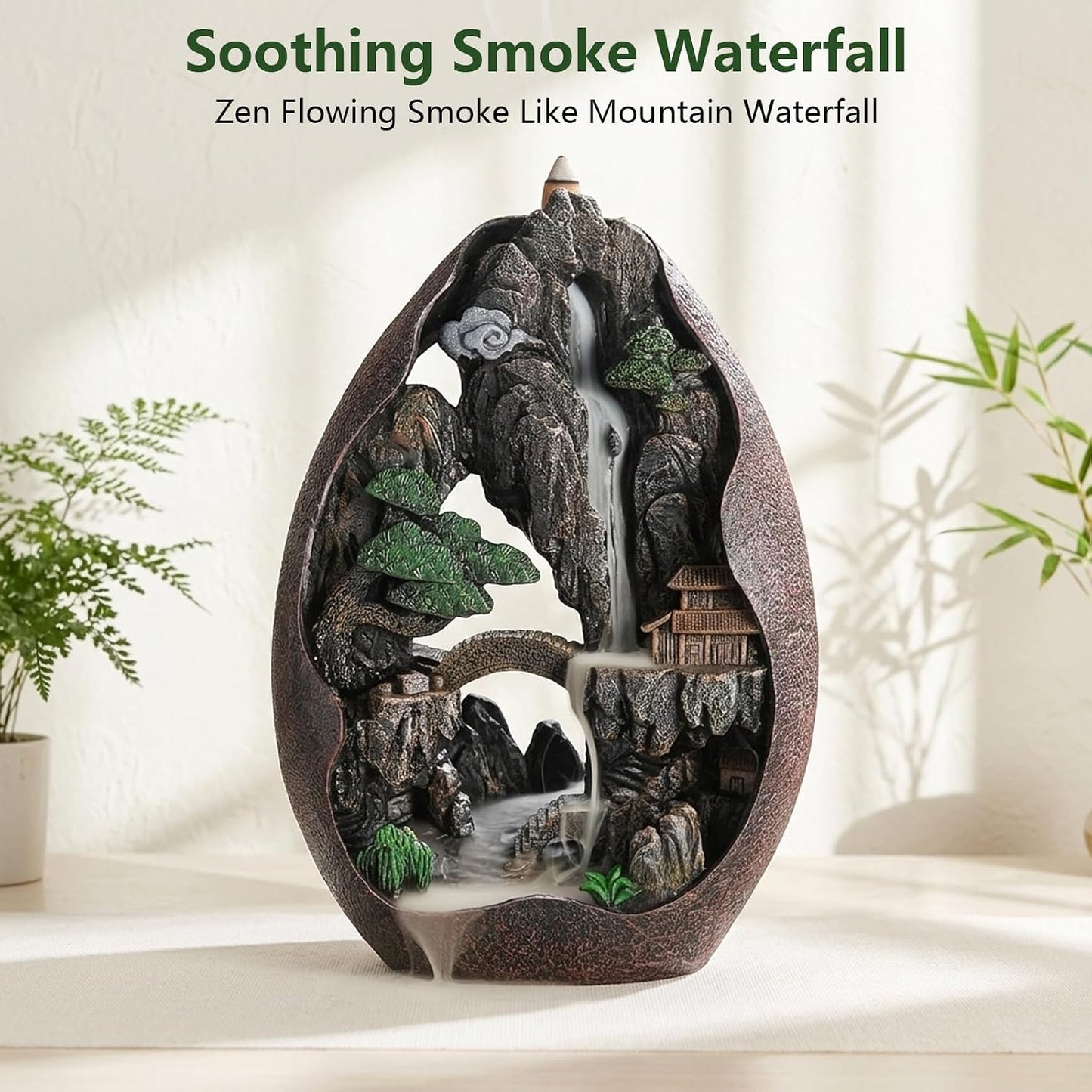 Landscape Backflow Incense Burner Cone Incense Burner Smoke Waterfall Resin Handmade Home Decor Gift Set with 120 Upgraded Cones,30 Incense Sticks,1Tweezer,1Mat
