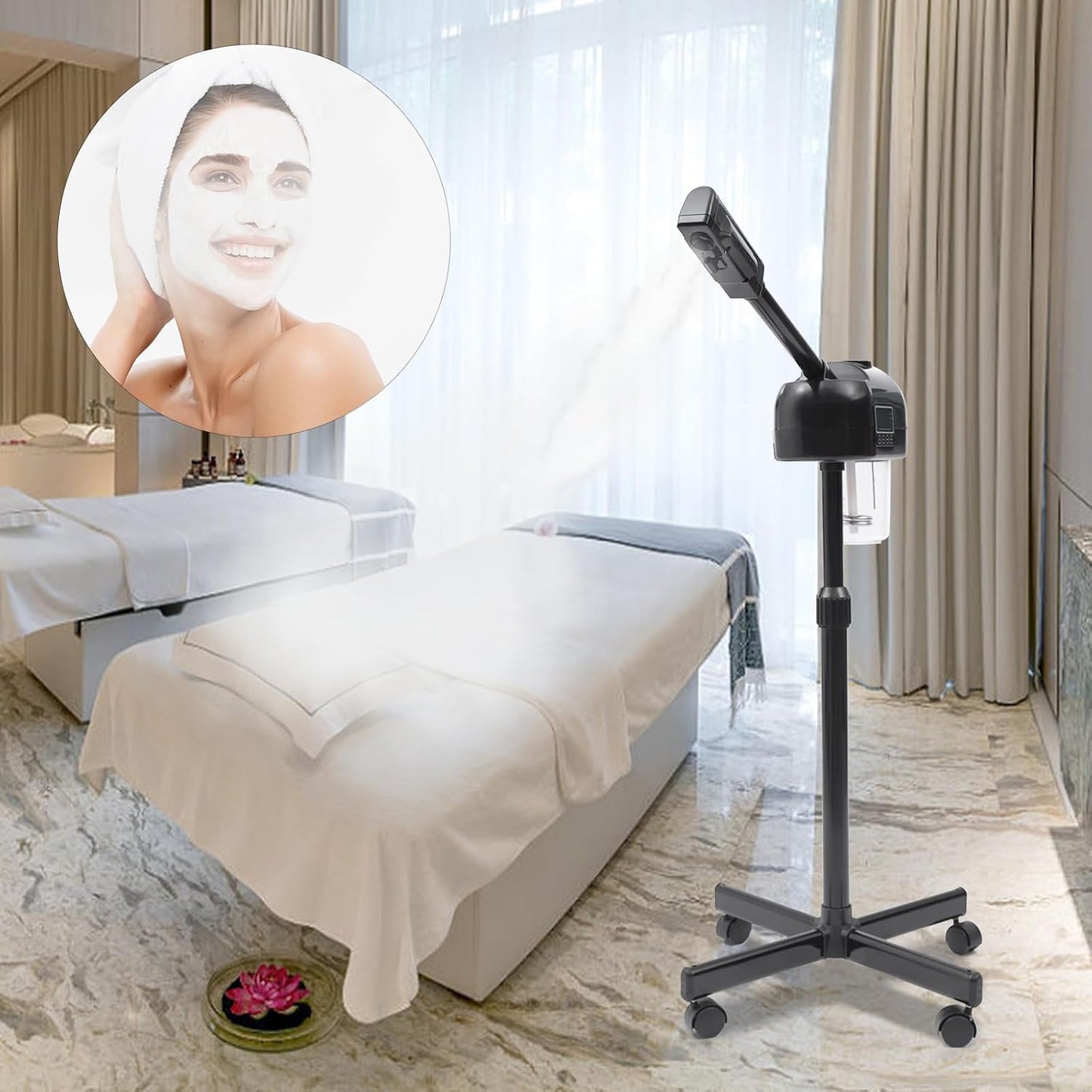 Professional Facial Steamer,Face Steamer for Facial with Hot Mist Function,Free-Standing Ozone Facial Steamer On Wheels,360° Rotatable Nozzle for Beauty Salon or Home (Black)