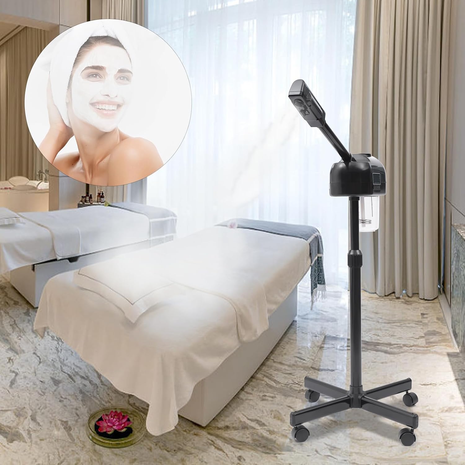 Professional Facial Steamer,Face Steamer for Facial with Hot Mist Function,Free-Standing Ozone Facial Steamer On Wheels,360° Rotatable Nozzle for Beauty Salon or Home (Black)