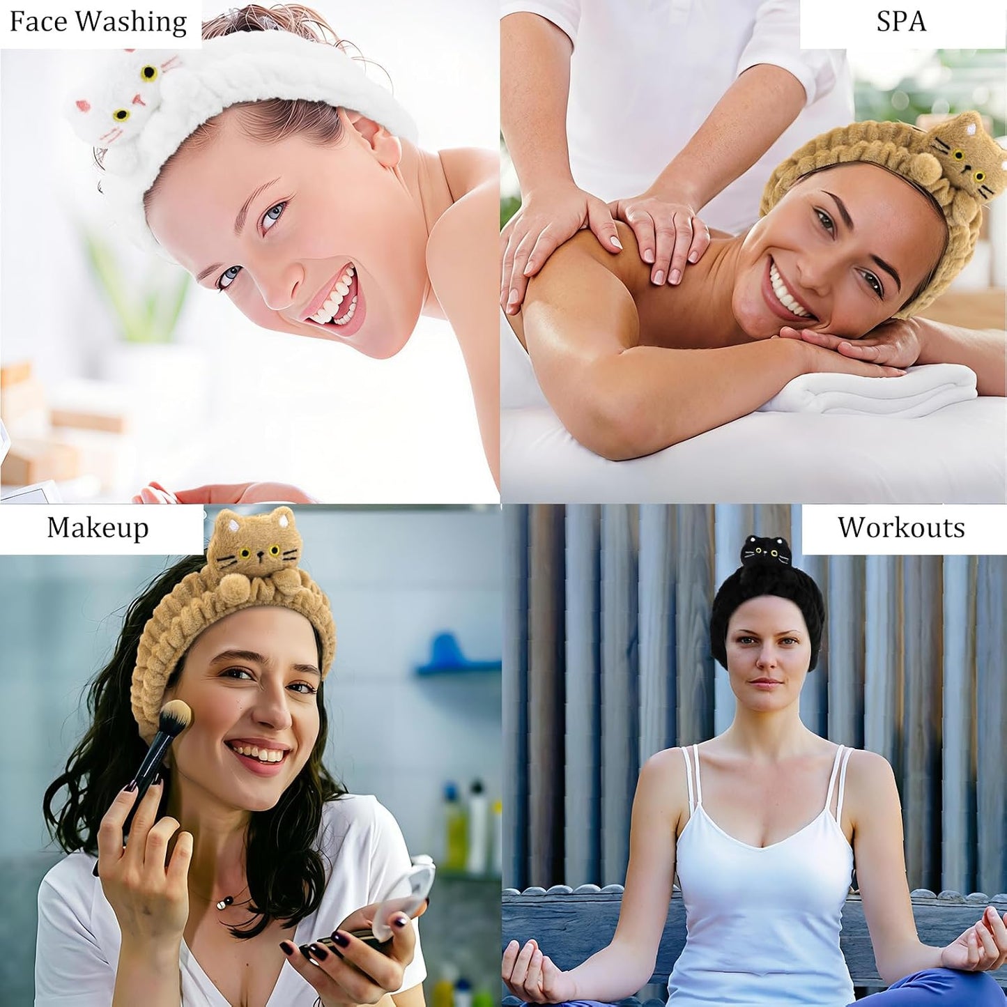 Spa Headband and Wristband Set 3 Pack Cute Headbands & 3 Pairs Wrist Bands for Washing Face, Skincare, Makeup, Yoga - Microfiber Headbands for Women Hair Bands for Girls (Black White Khaki)