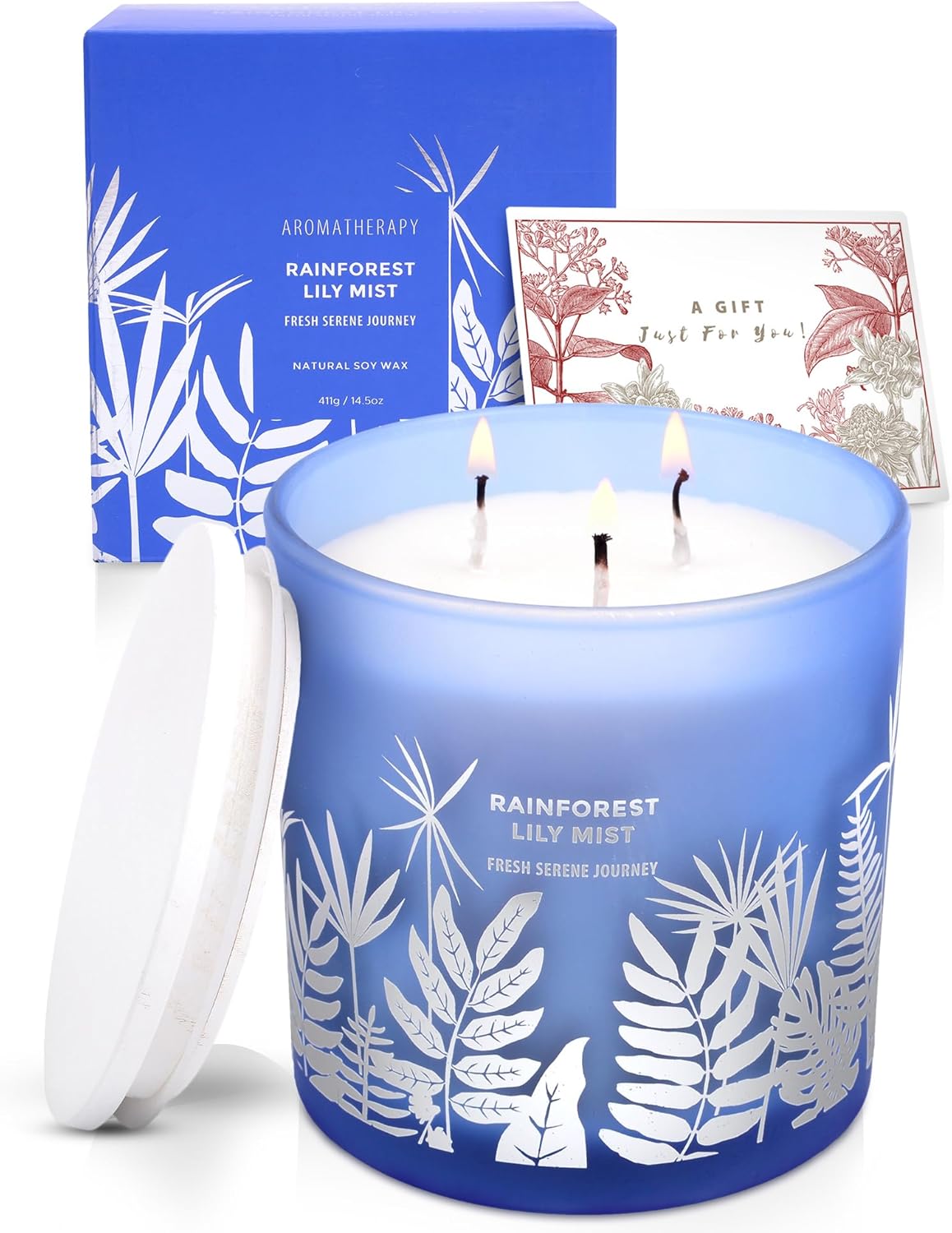 Large 3 Wick Scented Soy Candle for Home | Rainforest Lily Mist | 14.5oz Aromatherapy Spa Candle | Fresh Rain, Lily of the Valley, Jasmine & Cedarwood | Clean Burn Long Lasting | Gift for Women & Men