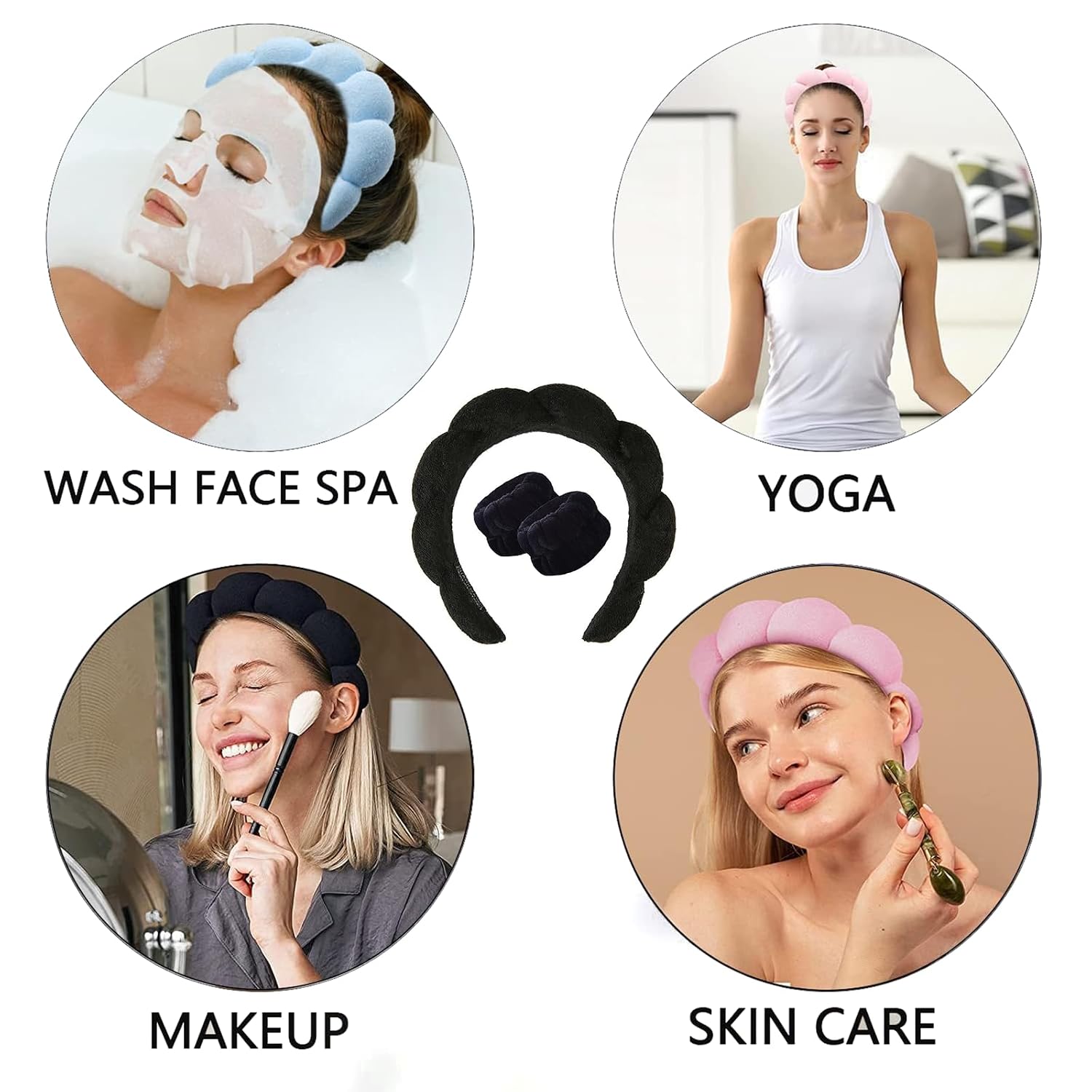 Spa Headband and Wristband Set for Women,Terry Cloth Sponge Headband for Washing Face,Makeup,Facial Mask and Skincare (Black, One Size)