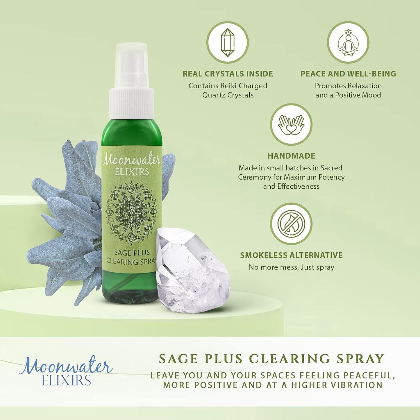 White Sage Smudge Spray for Spiritual Cleansing & Aura Protection, Sage Mist for Cleansing Negative Energy & Protection, Home & Meditation, Clear Quartz Reiki Energized Aromatherapy Room Spray - 4oz
