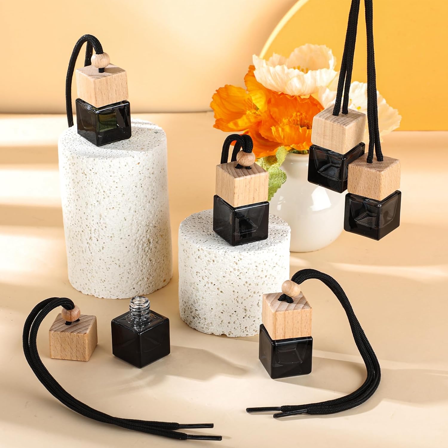 BBTO 50 Pcs Hanging Car Air Freshener Black Car Diffuser Bottles Empty Glass Perfume Bottle Freshener Diffuser Bottles Pendant for Essential Oil Fragrance Aromatherapy Ornament(Cube)