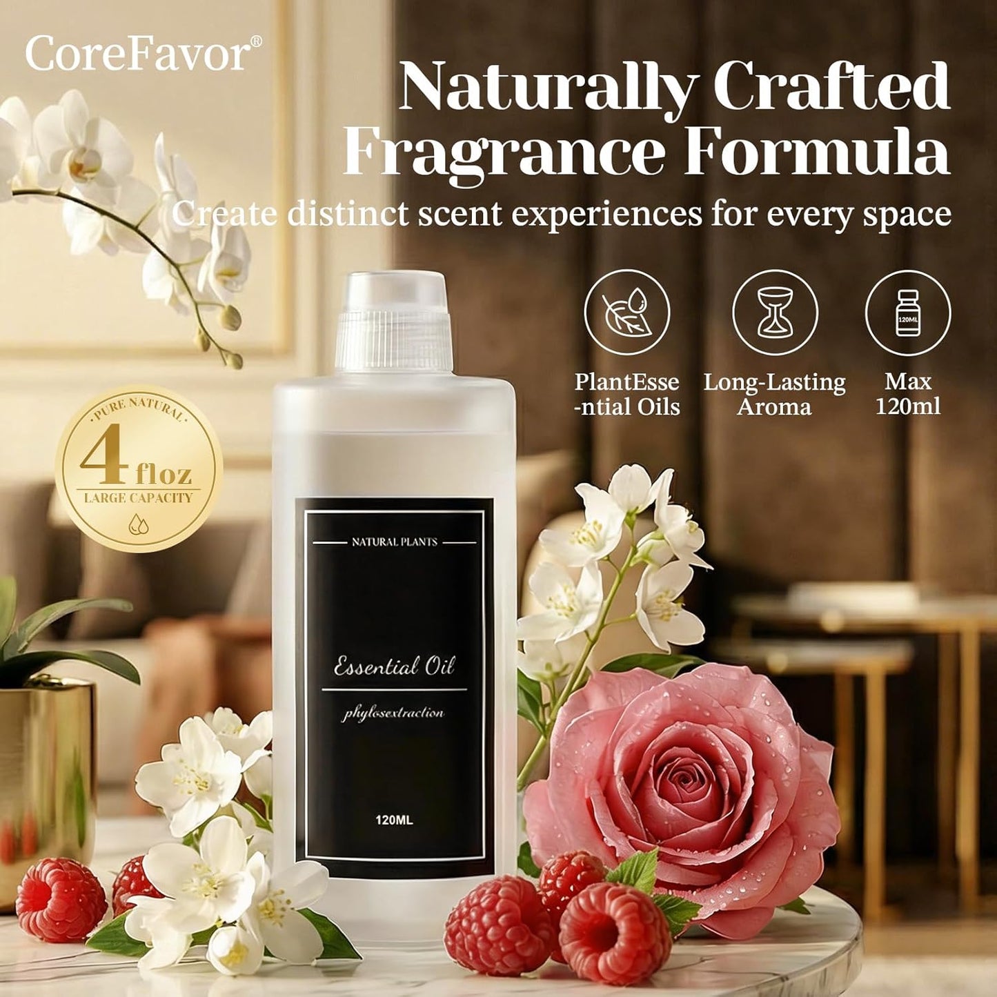 4.06 fl oz (120ml) Diffuser Oil for Home Fragrance Diffusers, Plant-Based & Alcohol-Free, Hotel Collection Essential Oil for Bedroom, Bathroom, Office, Car (Jasmine+Rose)
