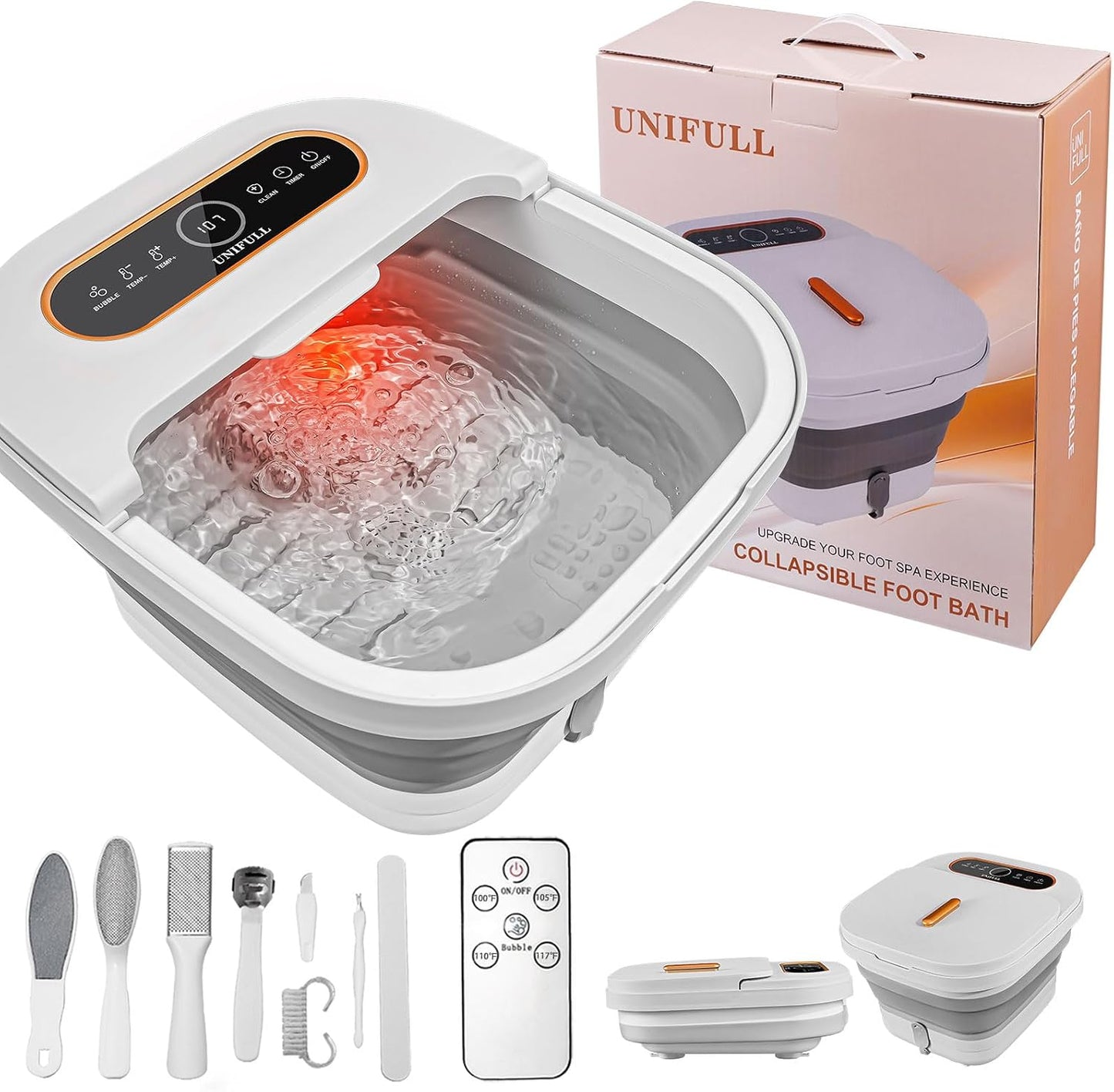 UNIFULL Collapsible Foot Spa Bath with Heat, Touch Screen, Massage Rollers, Bubble, Foot Pedicure Kit, Temperature Control, Foot Spa, Foot Bath Gifts