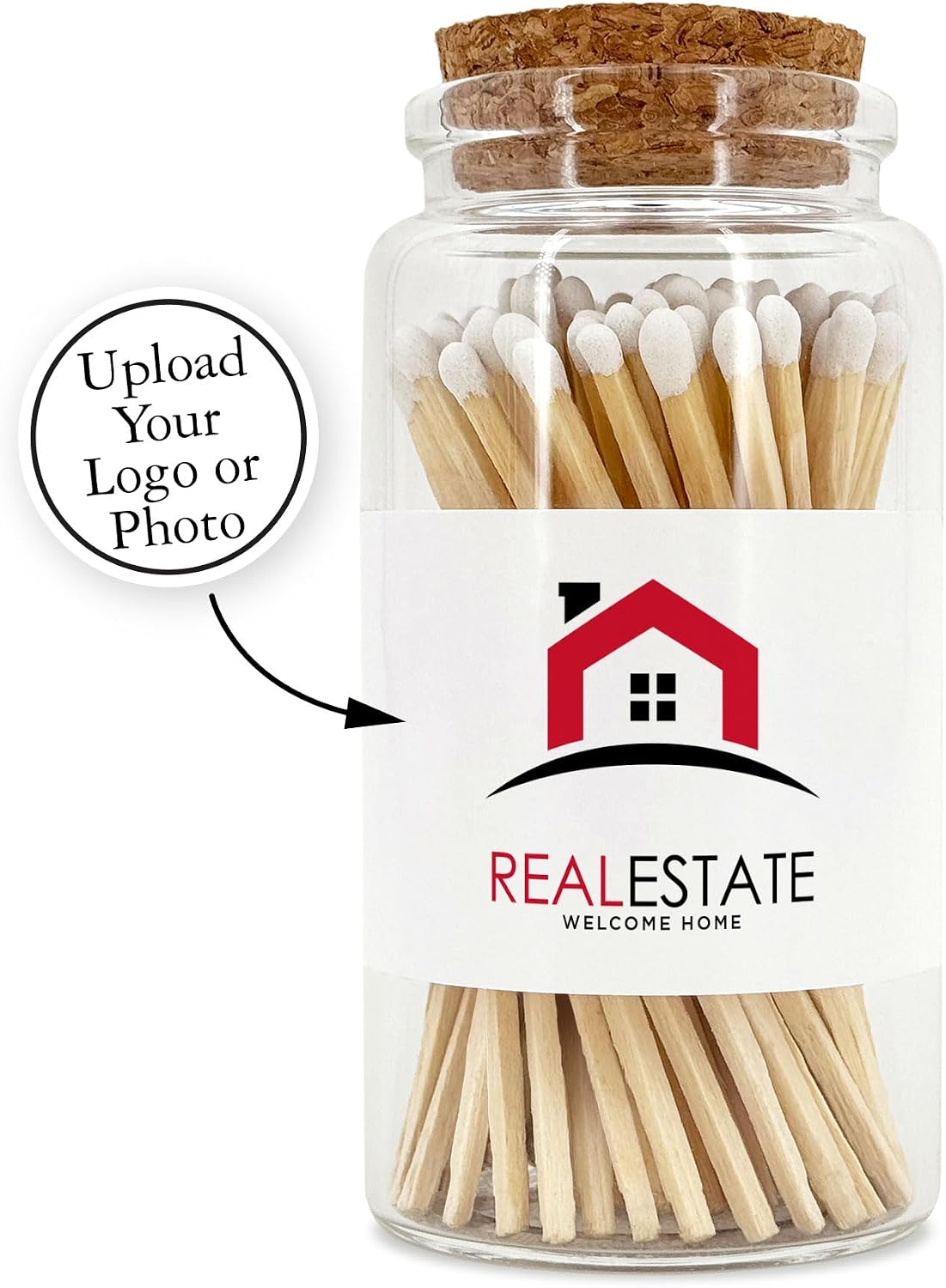 Custom Wooden Matches in a Jar with Striker - Realtor Swag, Real Estate Agent Marketing - Personalized Matches Bulk with Your Logo, Long Matches in Apothecary Glass Jar, Approx. 80 Safety Matches