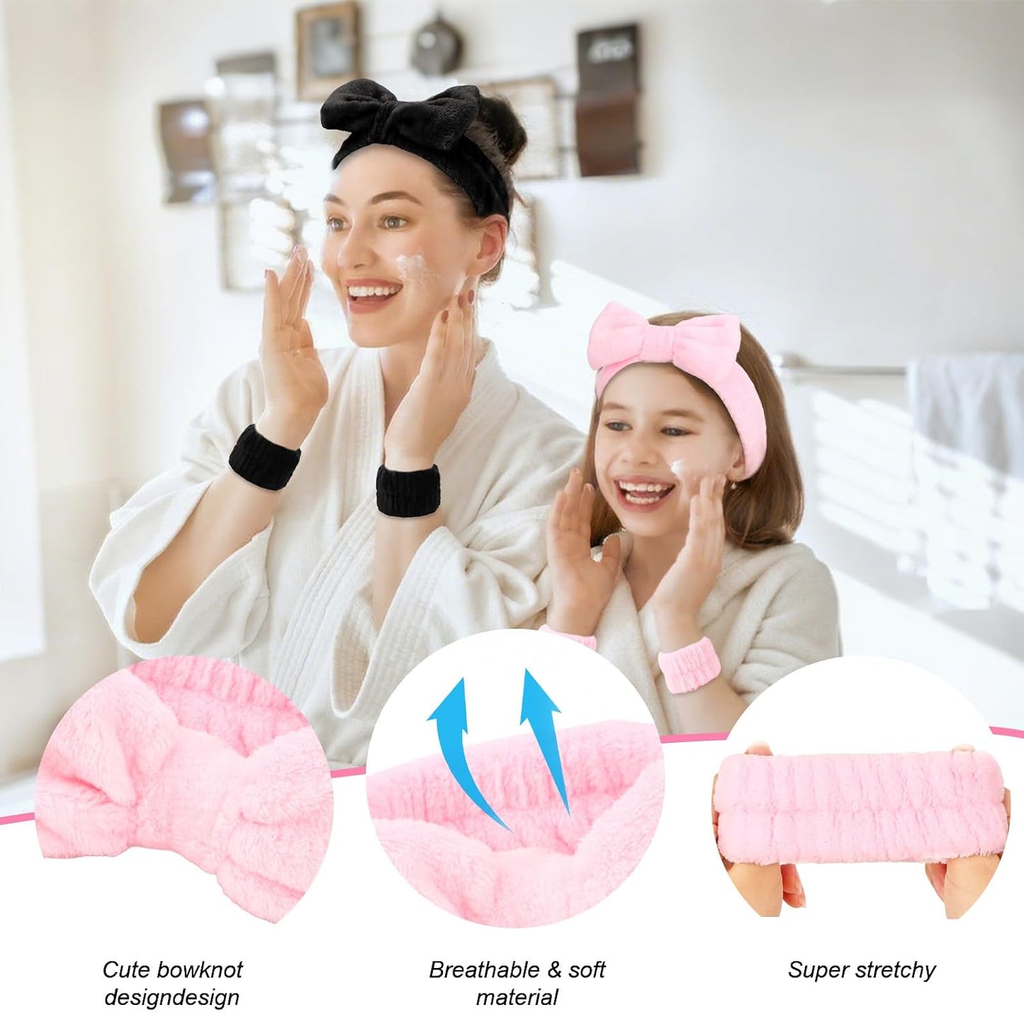Wecoe 6 Pack Spa Headbands and Wristbands Set for Washing Face Makeup Skincare Cute Soft Bow Hairbands Wrist Towels Sleepover Party Supplies Gifts Christmas Stocking Stuffers for Women Girls