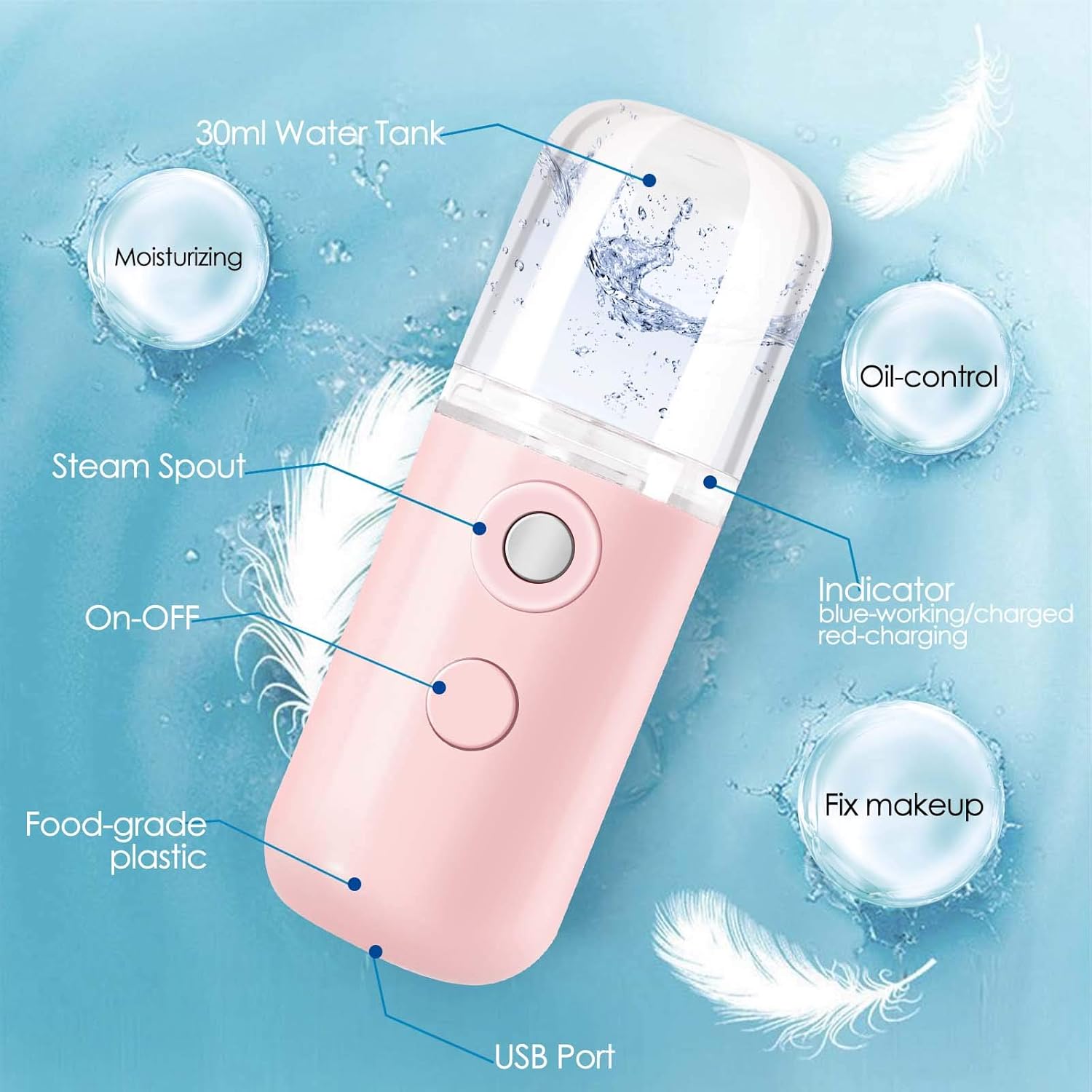 GIVERARE Nano Facial Steamer, Handy Mini Mister, USB Rechargeable Mist Sprayer, 30ml Visual Water Tank Moisturizing&Hydrating for Face, Daily Makeup, Skin Care, Eyelash Extensions-Pink