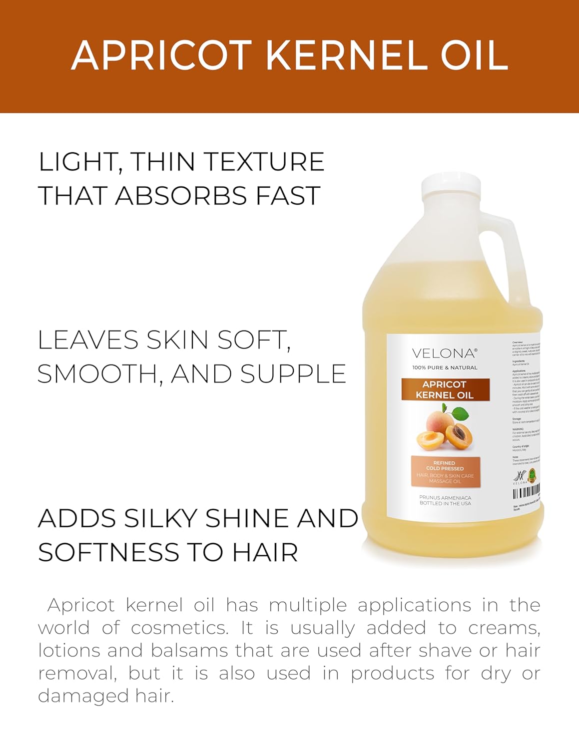 velona Apricot Kernel Oil 64 fl oz | 100% Pure and Natural Carrier Oil | Refined, Cold Pressed | Hair, Body and Skin Care | Use Today - Enjoy Results