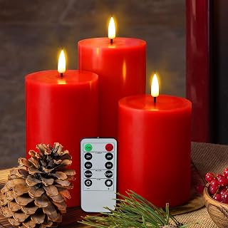 Eywamage Red Flameless Pillar Candles with Remote, Flickering Battery Operated LED Wax Candles Set of 3