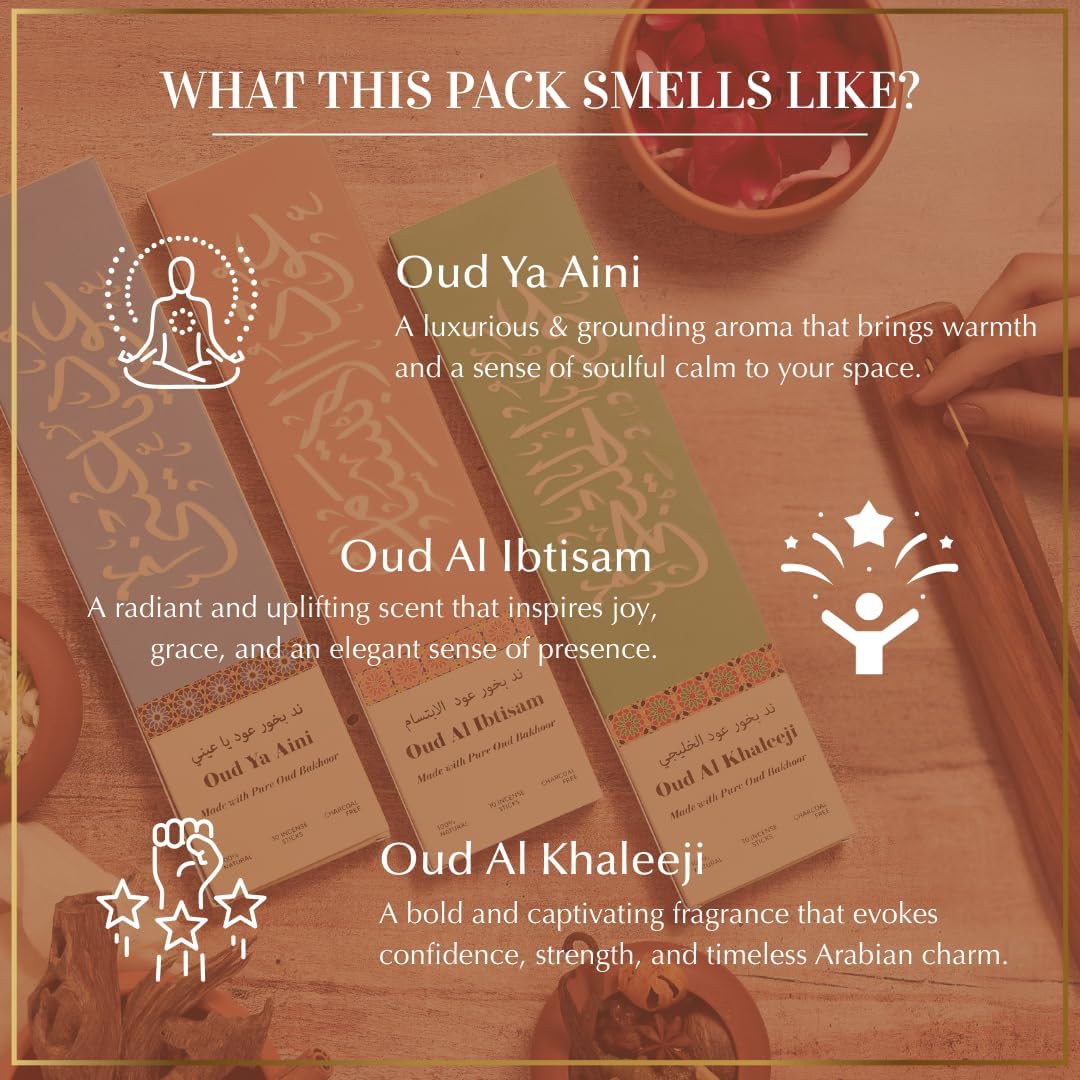 Premium Oud Incense Sticks Gift Set by Dukhni – 90 Oudh Agarwood Sticks I 3 Assorted Scents + Wooden Incense Holder | Long-Lasting Arabic Oud Fragrance | Luxury Aromatic Set | Islamic Gifts