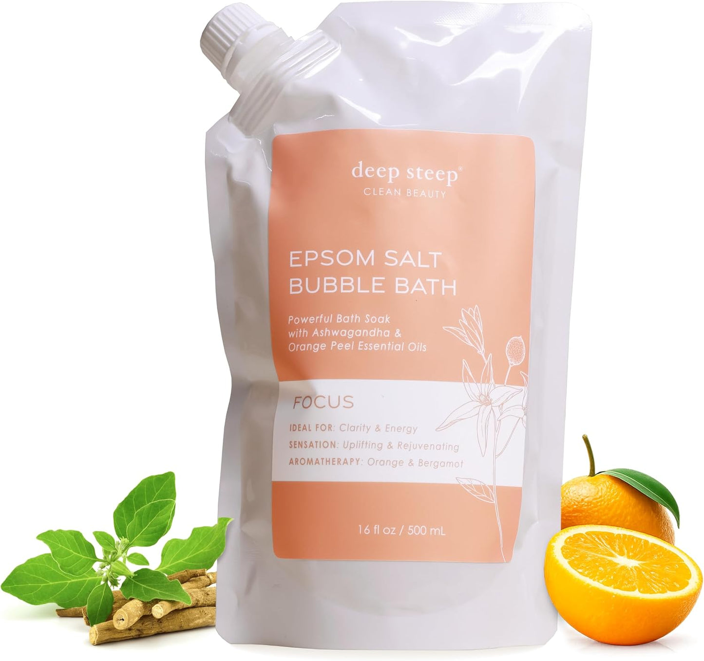 Deep Steep Epsom Salt Bubble Bath, Focus, 16 oz – Spa Soak with Epsom Salt, Ashwagandha, Orange Peel & Essential Oils – Vegan, Clean Beauty, Muscle Relief & Mental Clarity