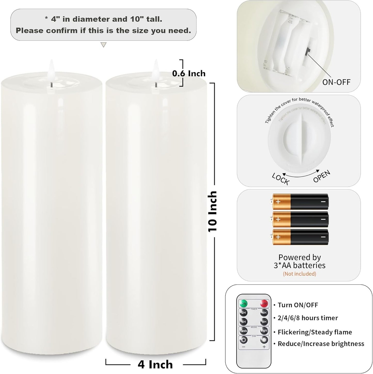 Patiphan 10" x 4" Large Outdoor Candles with Timer Waterproof Flickering Flameless Candles Battery Operated with Remote LED Fake Pillar Candles Realistic for Patio Larterns Porch, Ivory White 2 Pack