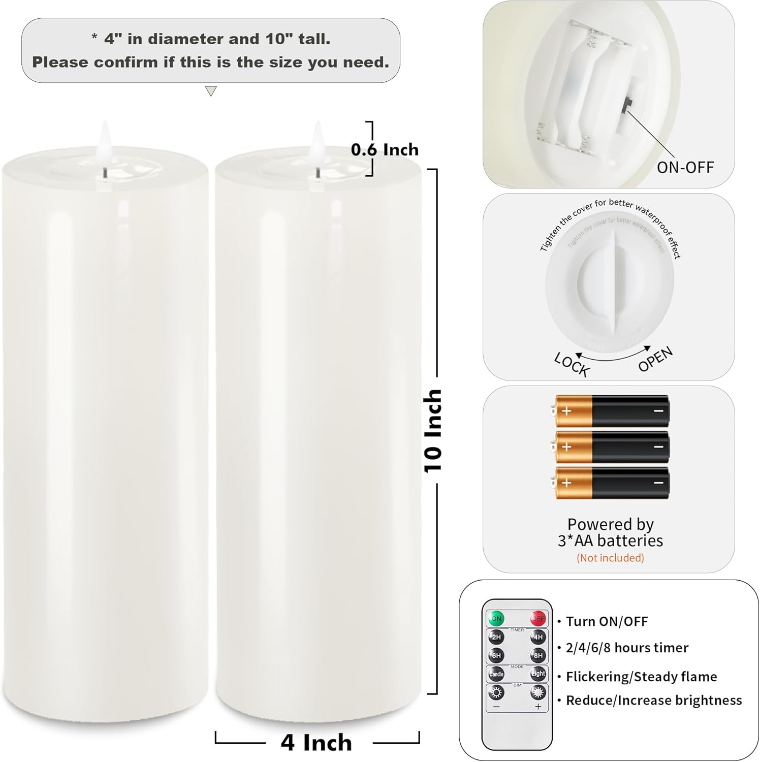 Patiphan 10" x 4" Large Outdoor Candles with Timer Waterproof Flickering Flameless Candles Battery Operated with Remote LED Fake Pillar Candles Realistic for Patio Larterns Porch, Ivory White 2 Pack