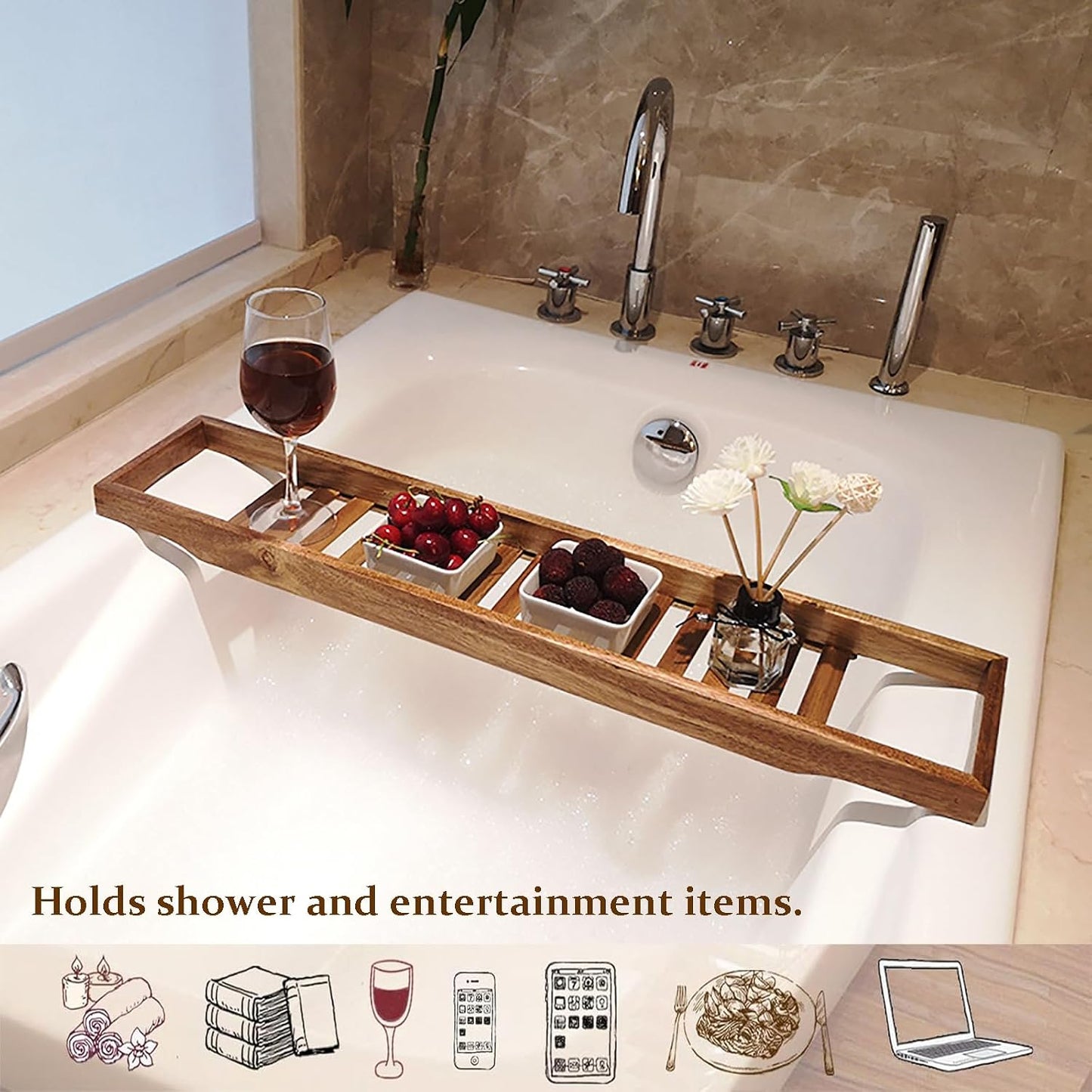 Wood Bathtub Tray Caddy - Large Slatted Bath Board, Versatile Spa Shelf, Ideal for Relaxation, Great Gift for Women