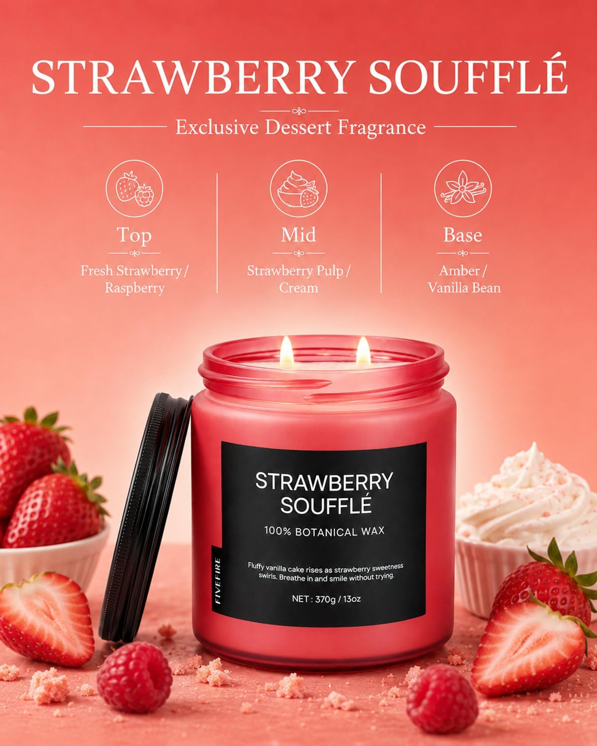 Strawberry Soufflé Home Scented Candles, 13oz Organic Soy Wax, 76-Hour Clean Burning, Natural Non-Toxic, Sweet & Fruity Gourmand Scent for Relaxation, Aromatherapy Housewarming Candle Men Women