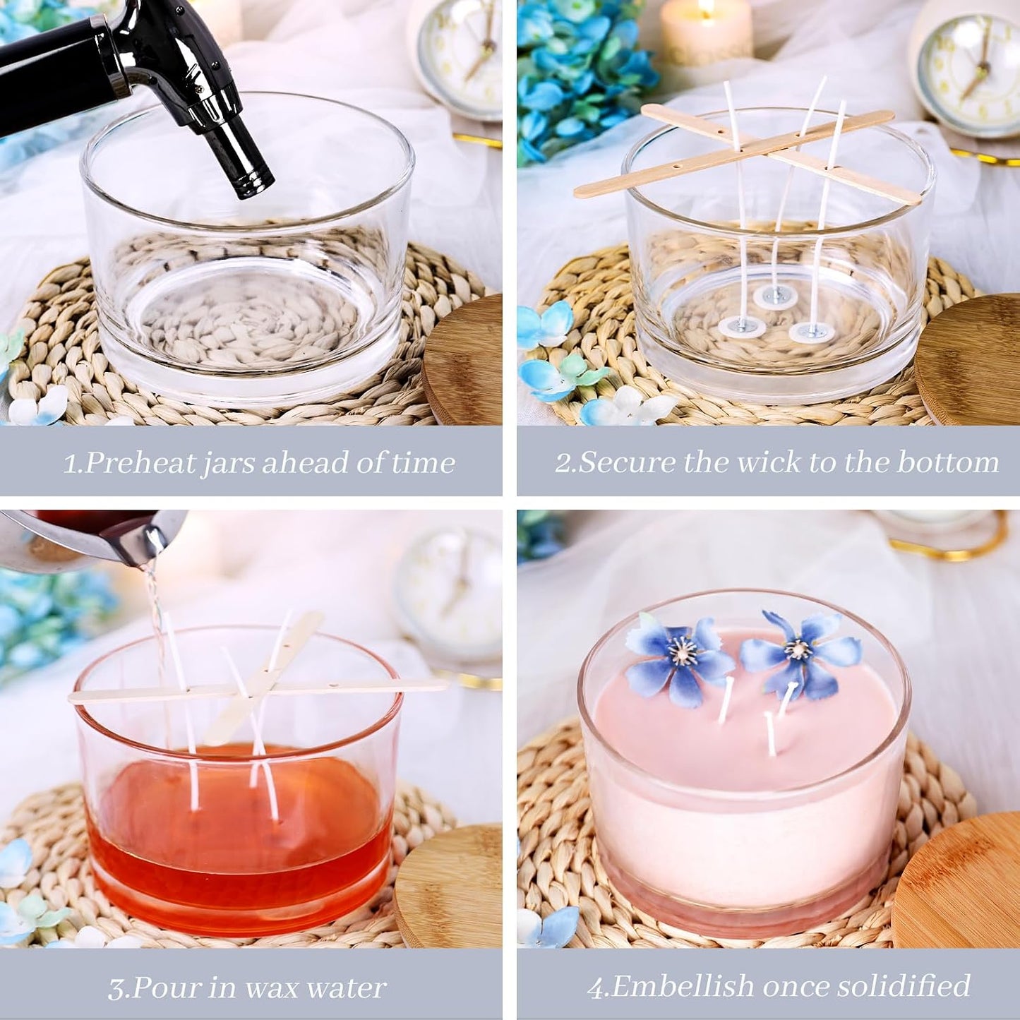 CONNOO 24oz Clear Glass Candle Jars 6 Pack, Multi-Wick Wide Mouth Empty Bulk Candle Containers for Making Candles with Airtight Bamboo Lids, Sticky Warning Labels, Wick kit- Dishwasher Safe