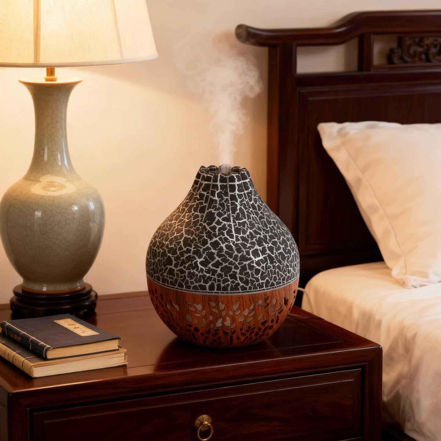 Essential Oil Diffuser, Mini Ultrasonic Air Diffuser Humidifier Luminous Hallow Silent Auto Shut Off USB Aromatherapy Diffuser for Home Office Spa (Black Crack Dark Wood Grain)