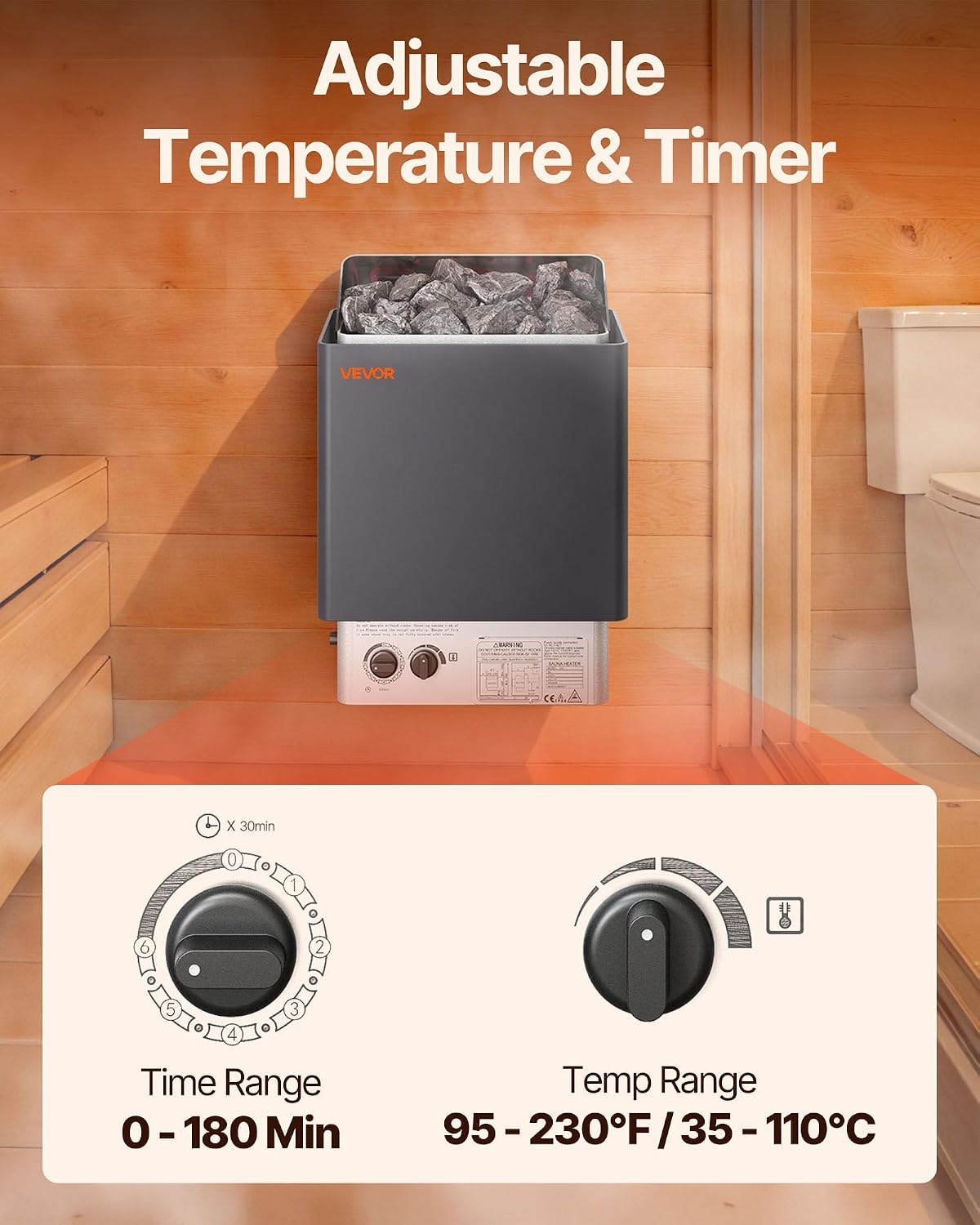 VEVOR 9KW Sauna Heater, Steam Bath Sauna Heater with Built-in Controls, Electric Sauna Stove, 3h Timer and Adjustable Temp for Max. 317-459 Cubic Feet, Home Hotel Spa Shower Use 220V FCC Certification