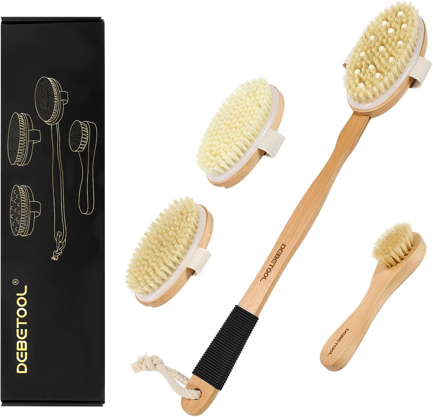 DEBETOOL Dry Brush Set for Body & Face - Dry Brushing Body Brush with Long Handle & 3 Replacement Heads (Soft/Medium/Firm) for Lymphatic Drainage Cellulite