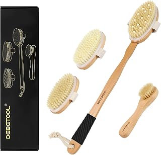 DEBETOOL Dry Brush Set for Body & Face - Dry Brushing Body Brush with Long Handle & 3 Replacement Heads (Soft/Medium/Firm) for Lymphatic Drainage Cellulite