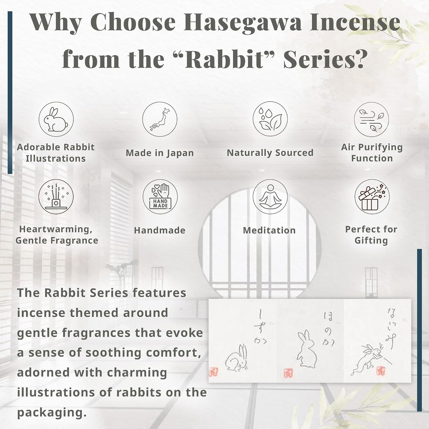 Hasegawa Rabbit Series Japanese Incense Cones: 12 Cones, Gentle Aroma with Adorable Rabbit Illustration, Made in Japan, 15-17 Min Burn Time (Shizuka: A Tranquil Meadow Fragrance)