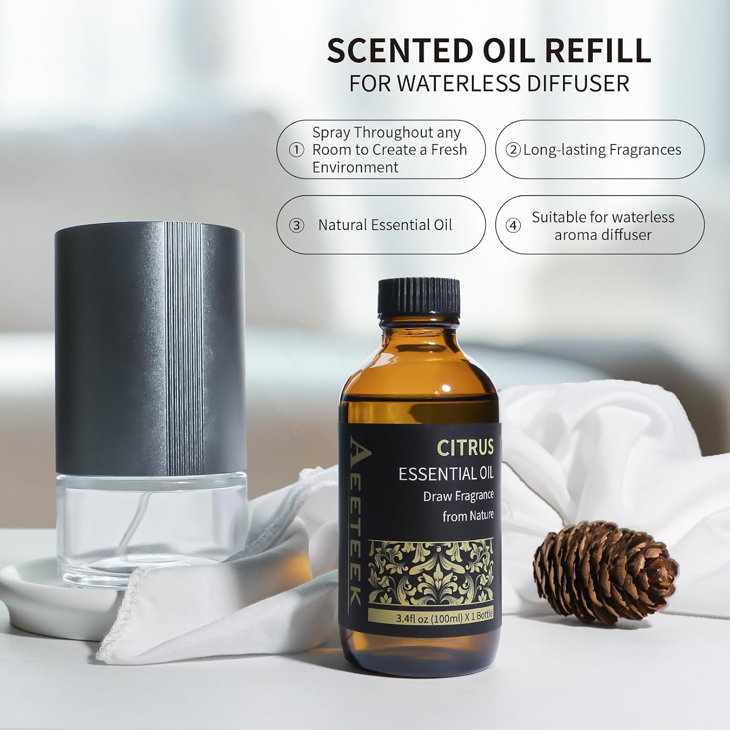 100ml Citrus Essential Oil Refill for Waterless Diffuser & Reed Diffuser Set, 3.4Fl Oz Long-Lasting Fruity Aroma Home Fragrance, Bathroom Air Freshener