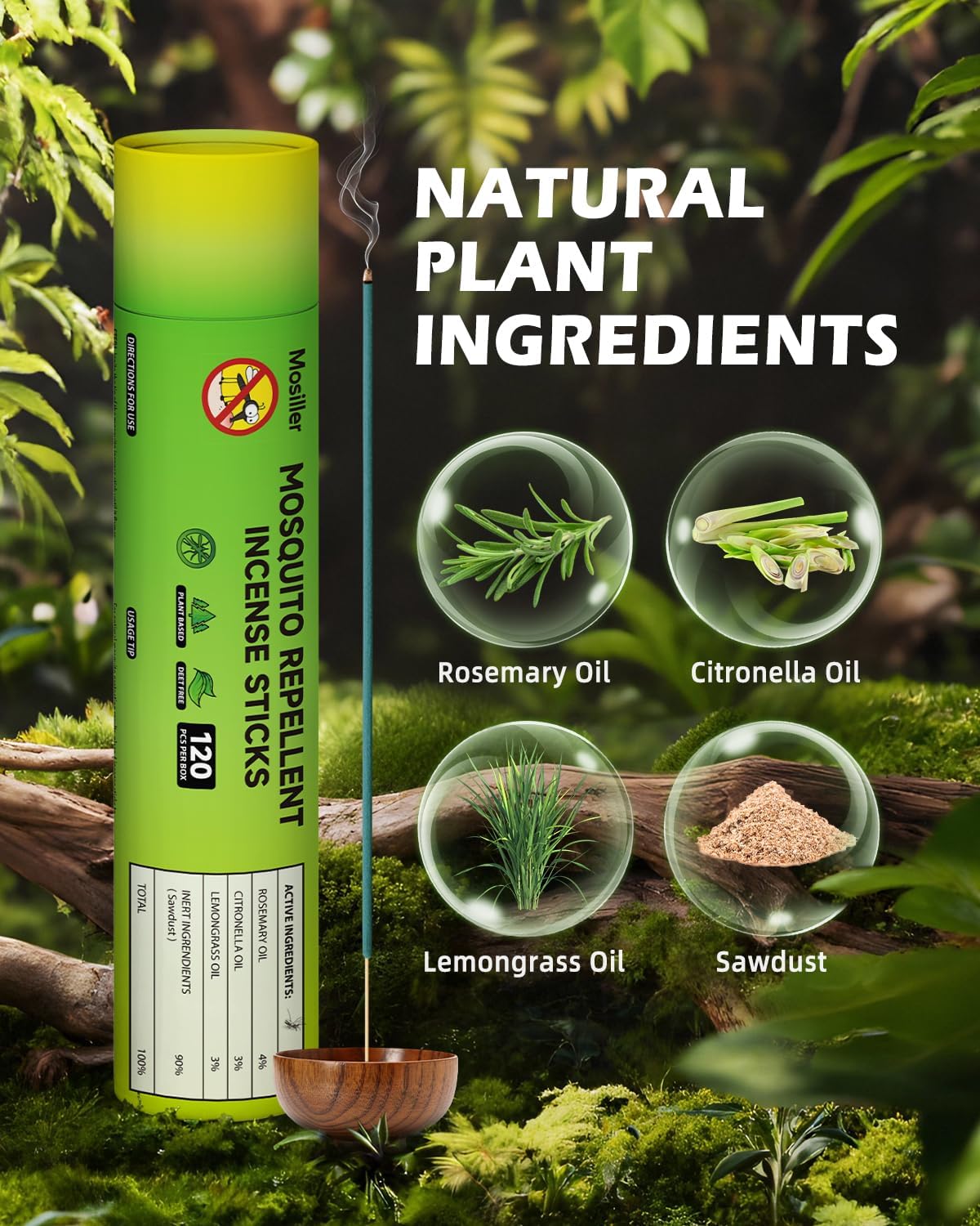 Mosiller Incense Sticks 120 PCS, Contain Natural Plant Essential Oils Such as Citronella, Rosemary, and Lemongrass, Safe for Pets, Suitable for Indoor, Patios, Fishing, Camping