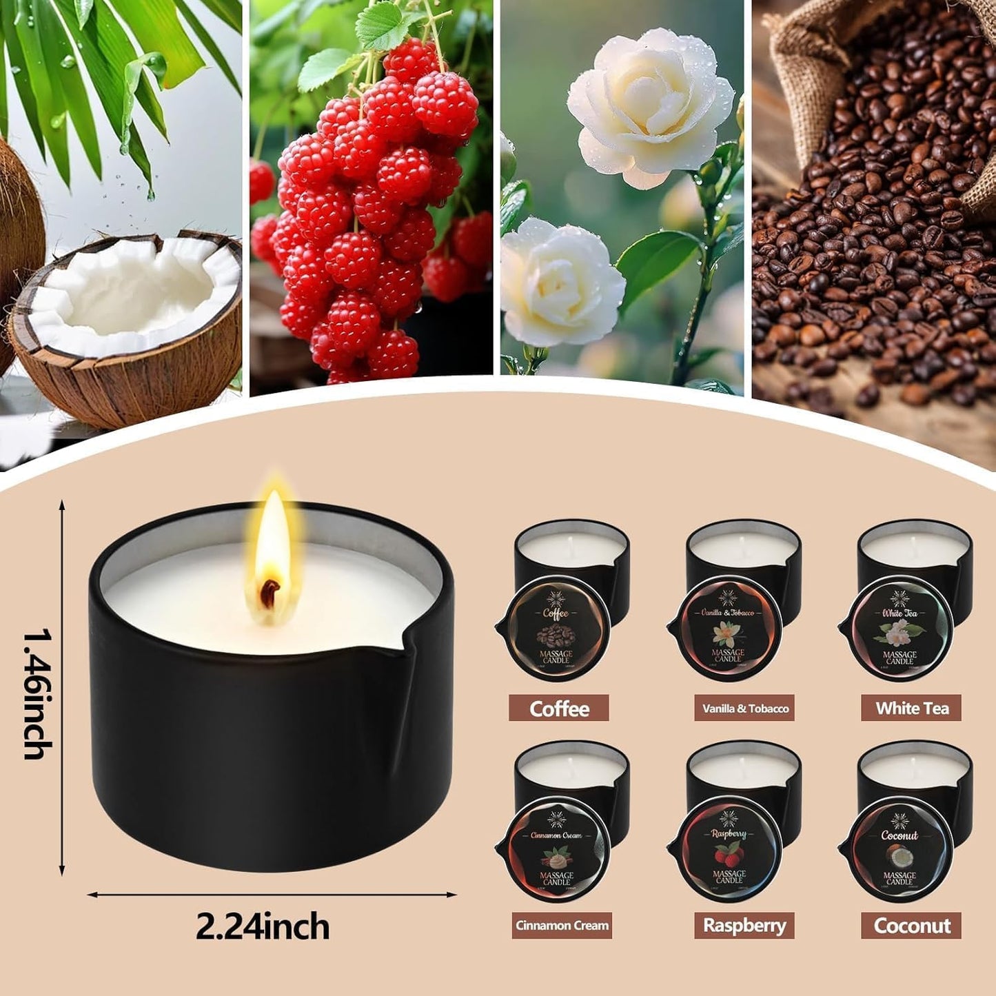 6 Pack Massage Oil Candles Set, Low Temp Soy Based Massage Candles for Massage Therapy, Relaxation & Skin Moisturizing, Assorted Scents for Home Spa Self Care