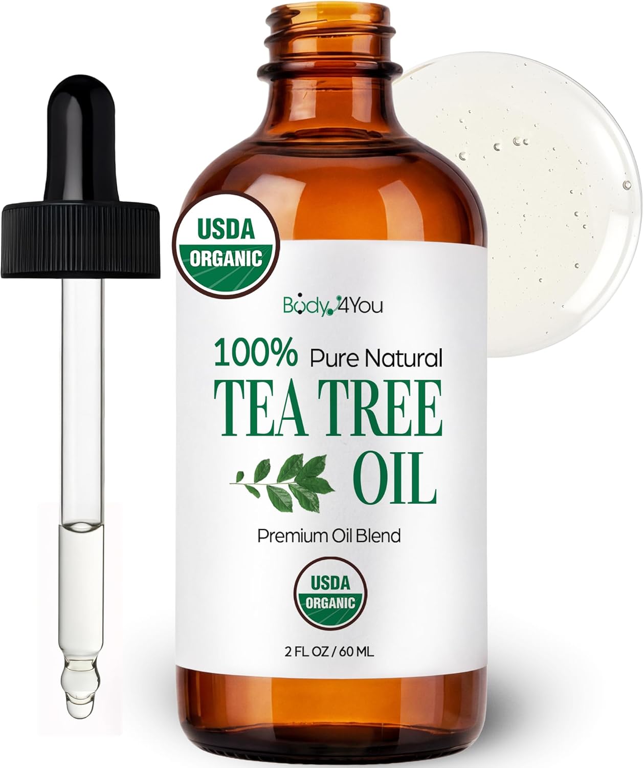 BodyJ4You Tea Tree Oil for Skin Hair - USDA Organic Essential Oils Pre-Diluted MCT - Melaleuca Face Scalp Nails Feet Toenail Cuticle - Pure Natural Topical Ready to Use Vegan Hexane Free - 2 Fl Oz