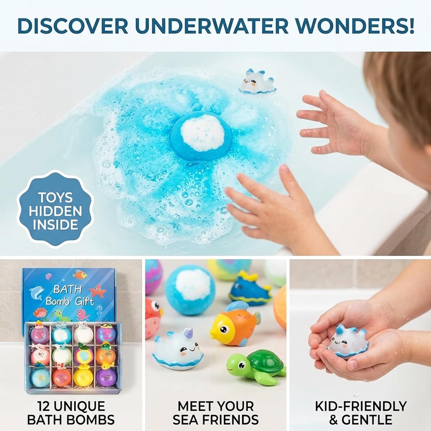 Kids Bath Bombs with Toys Inside, 12PCS Ocean Surprise Series Fizzy Bath Balls, Natural Vegan Essential Oils, Skin Moisturizing Spa Gift Set for Toddler Boys Girls Kids Children Baby