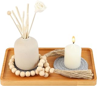 Wooden Candle Tray Holder 11 * 6.5 Inch Rectangular Decorative Serving Trays for Coffee Table Centerpiece Home Decor Wood Table Tray for Kitchen Counter with Beads Decor and 2 Coasters