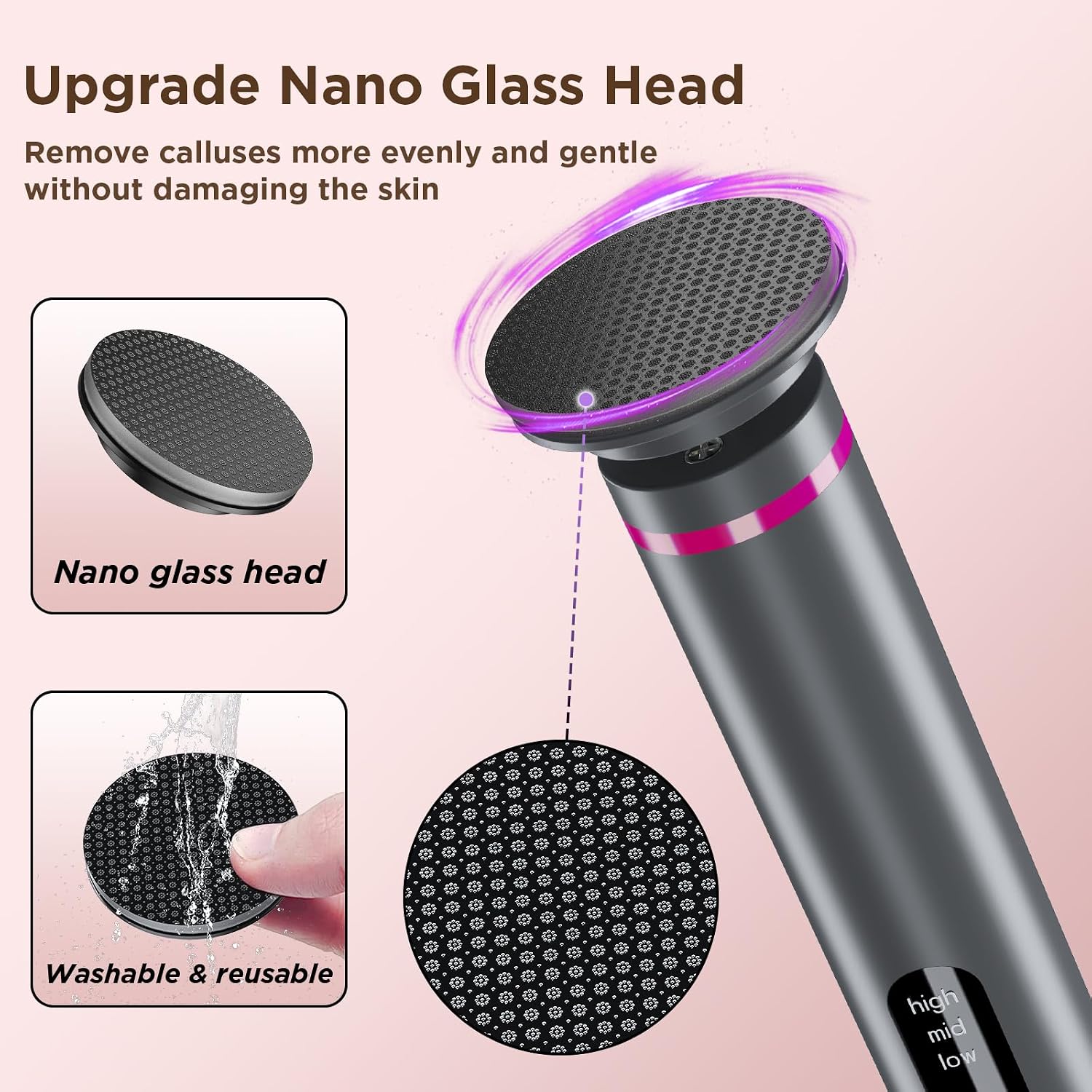 Electric Foot Callus Remover with Nano-Glass Head & 60Pcs Sandpaper Discs, 4 Hours Run Time, Electric Callus Remover for Feet with 3 Adjustable Speeds, Pedicure Tools for Dry Dead Skin Cracked Heels
