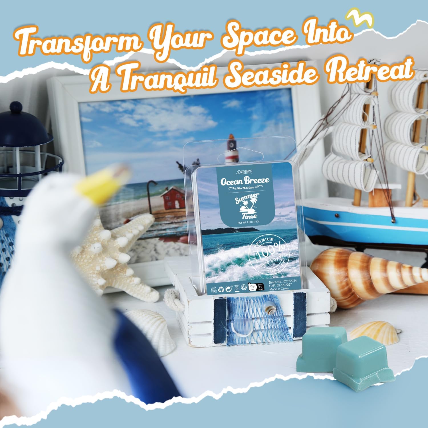 Salubrito Summer Scented Wax Melts, Strong Scented Soy Wax Cubes/Tarts Variety Gift Set, Fresh Cotton, Ocean Breeze, Mojito, Pink Island, Coconut, Pineapple, Vanilla Cream, Strawberry, 8x2.5oz