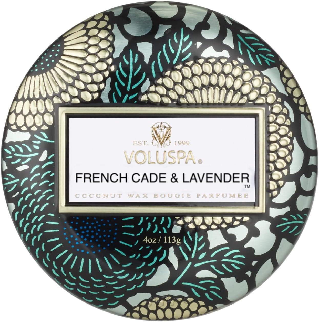 Voluspa French Cade Lavender, Mini Tin Candle, 4 oz, 25 Hour Burn Time, Coconut Wax for Clean Burning, Handcrafted in the USA